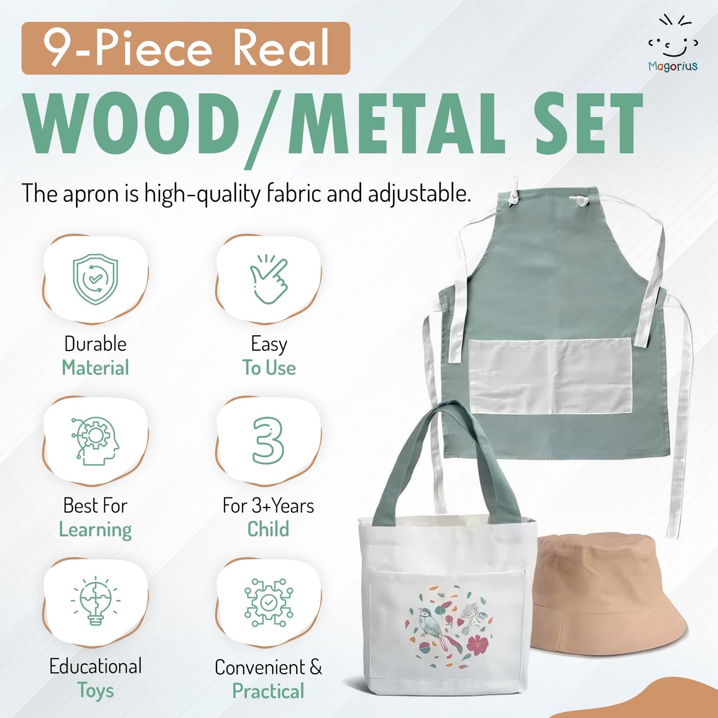 Magorius Kids Gardening Tools Set - 9 Piece Real Metal Tools with Sturdy Wood Handles, Includes Washable Apron, Hat, Tote Bag and Watering Can - STEM Outdoor Learning Gift for Boys and Girls.