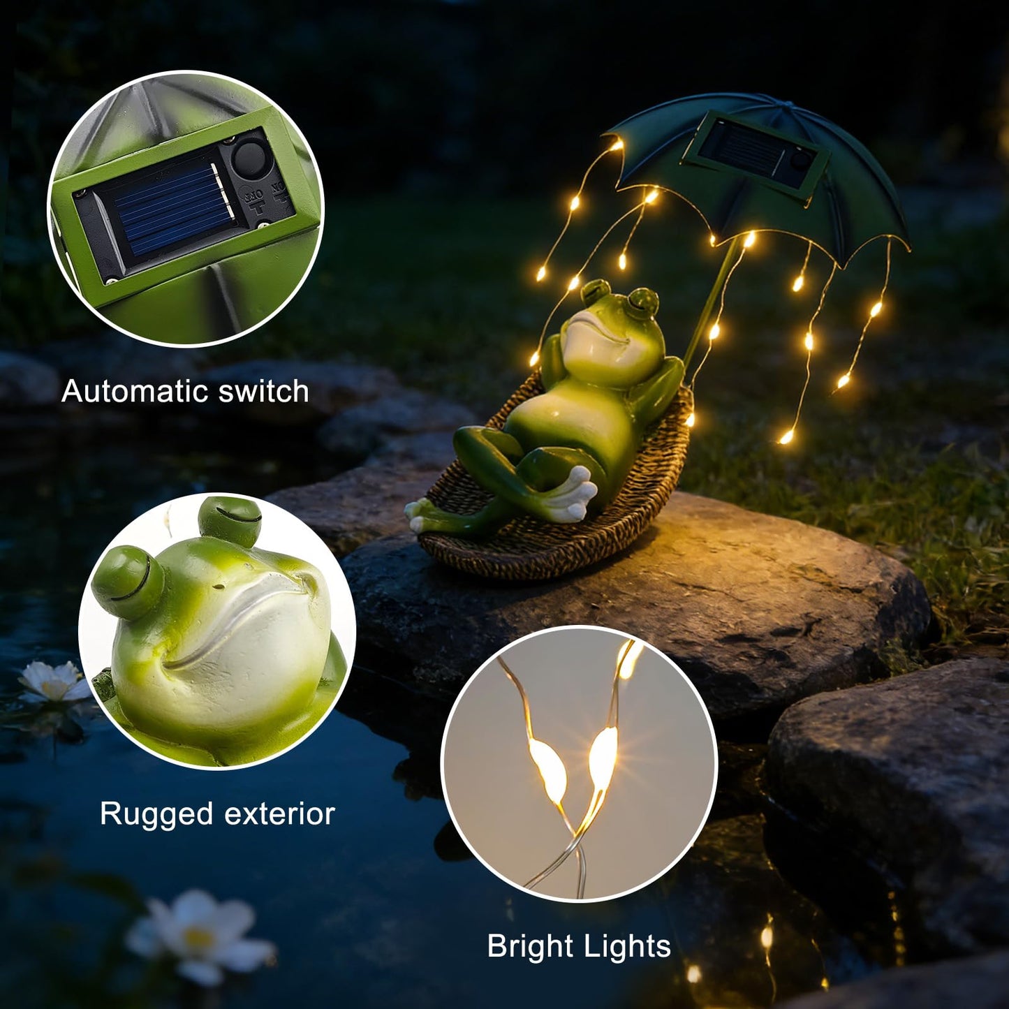 EverZenHub Solar Frog with Umbrella Statue - LED Solar Powered Garden Decor, Auto On/Off Waterproof Resin Outdoor Sculpture for Patio, Yard, Pond, Unique Gardening Gifts for Women & Mom
