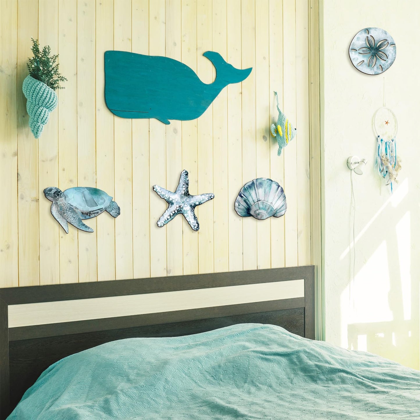 VGICH 4Pcs Wooden Beach Wall Art Coastal Hanging Decor with Turtle, Starfish, Crab, Shell for Nautical Living Room, Bathroom, Bedroom