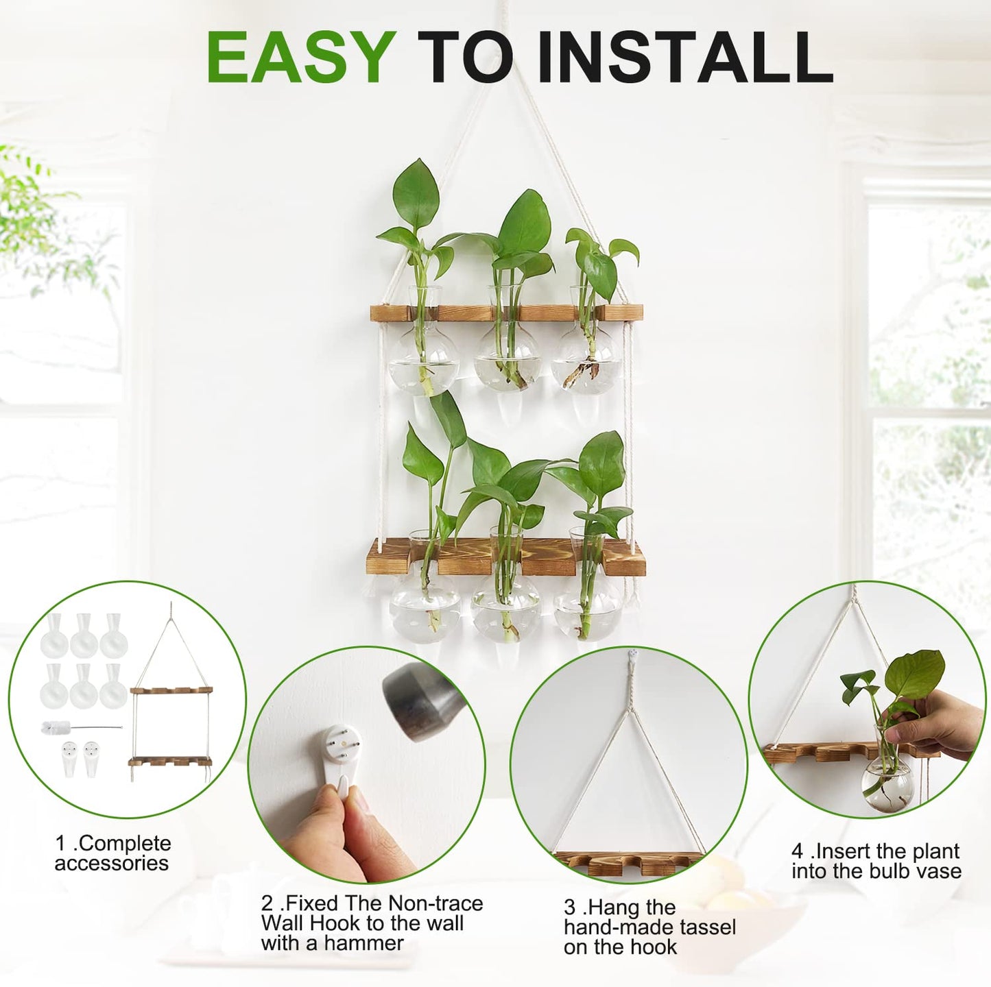 Renmxj Plant Propagation Station Wall Hanging, Plant Terrarium with 2 Tiered Wooden Stand for Hydroponics Plants, Unique Gardening Gifts for Women Mom Plants Lovers - 6 Bulb Glass Vases
