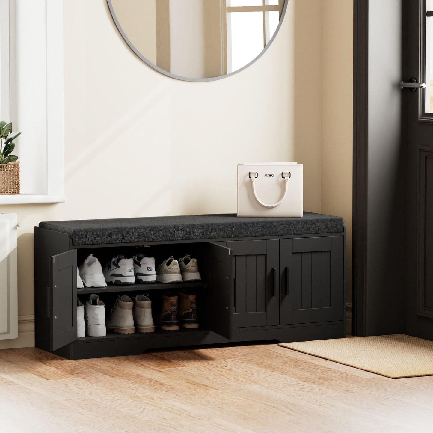 Homleke 2-Tier Storage Bench, Shoe Bench with Thickened Padded Seat Cushion, Entryway Bench with 4 Doors, Adjustable Shelf, 13.8" D x 45.3" W x 18.5" H, for Entryway, Living Room, Bedroom, Black