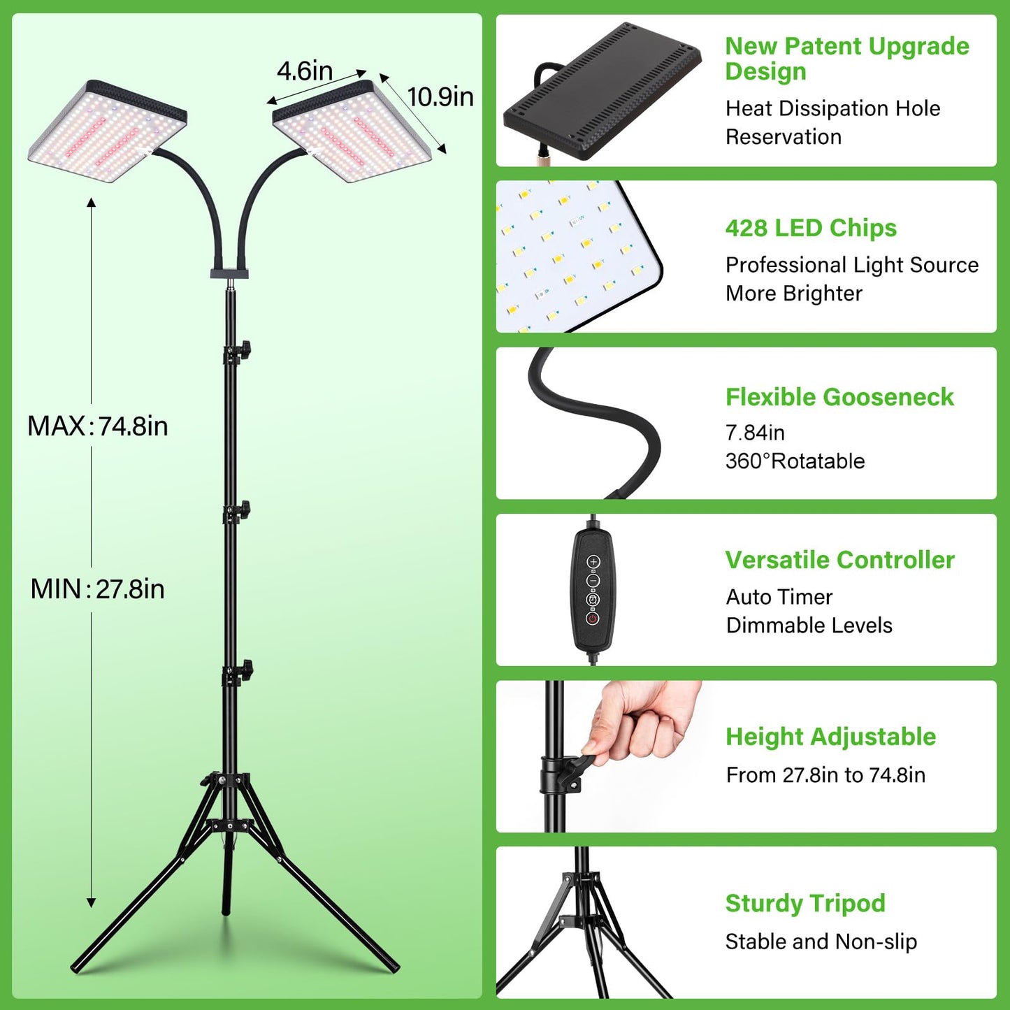LBW Latest Grow Light for Indoor Plants, 428 LED Dual-Head Full Spectrum Standing Plant Light, Floor Grow Lamp with 3/6/12H Timer, 6 Brightness Levels, 3 Switch Modes, 75" Adjustable Tripod Stand