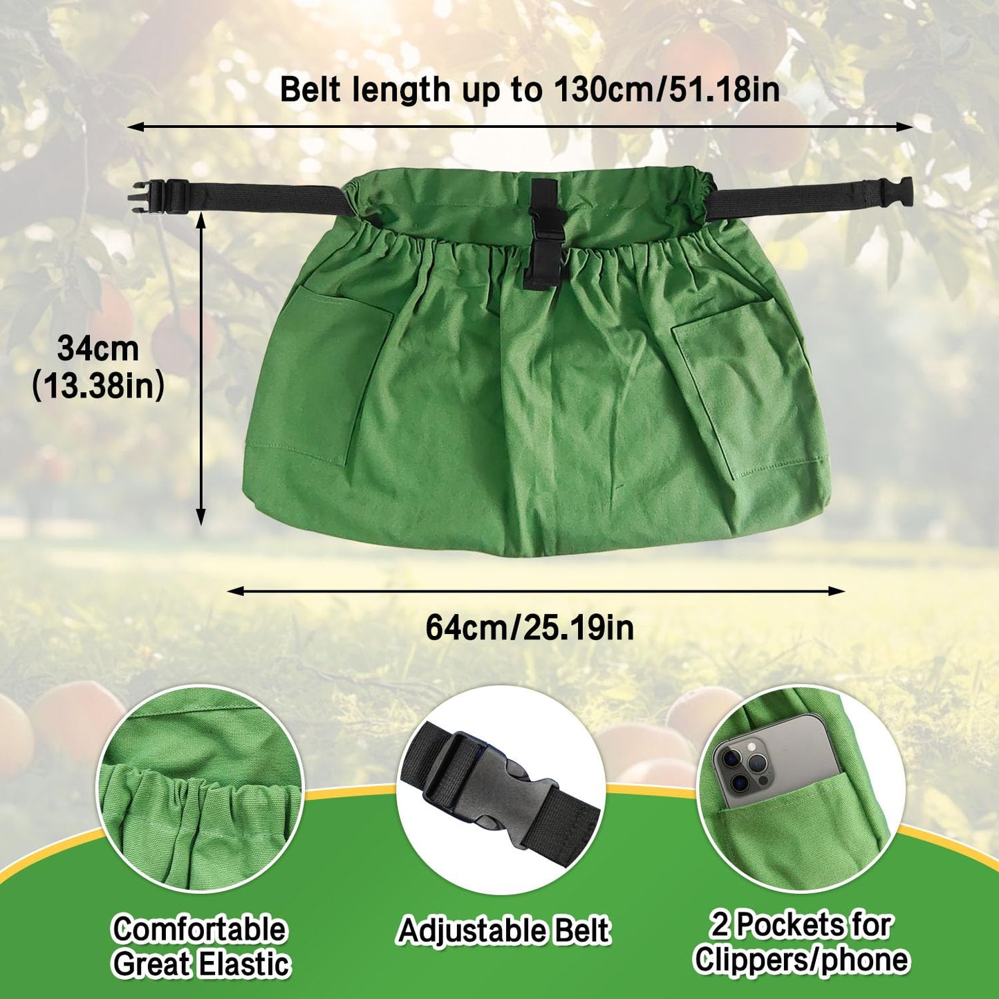 BOHEMIABY Gardening Apron Harvest Apron with Pockets, Green Garden Apron, Adjustable Waist Belt (Waist Apron)