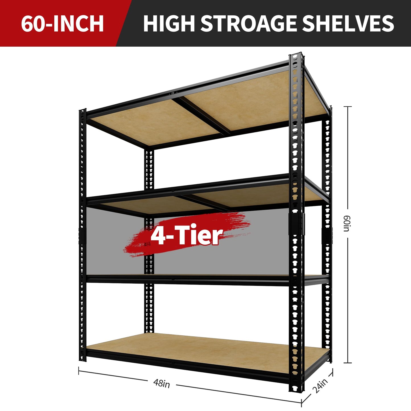 ExploreHorizon Heavy Duty Garage Storage Shelves, 2400 Lbs Capacity, 4-Tier Adjustable Storage Shelving Unit, 48" L x 24" W x 60" H Metal Shelving Racks for Kitchen Pantry Basement Bathroom Laundry