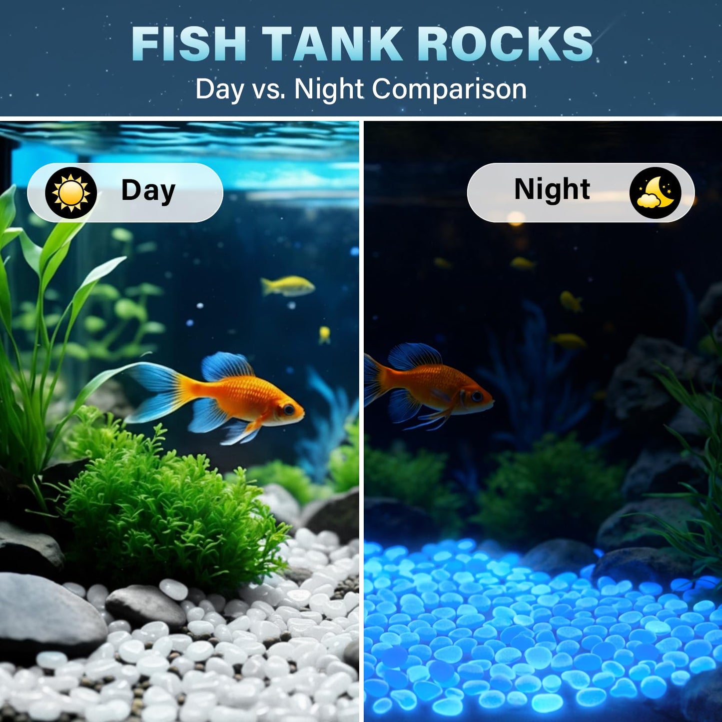 PoYang 1000pcs Glow in The Dark Rocks Outdoor - White Resin Glowing Pebbles for Landscaping, Garden, Fish Tank and Aquarium Indoor Decor, Powered by Sunlight or Lamplight (0.4"-0.7"/pc, 1.2lbs/Bag)