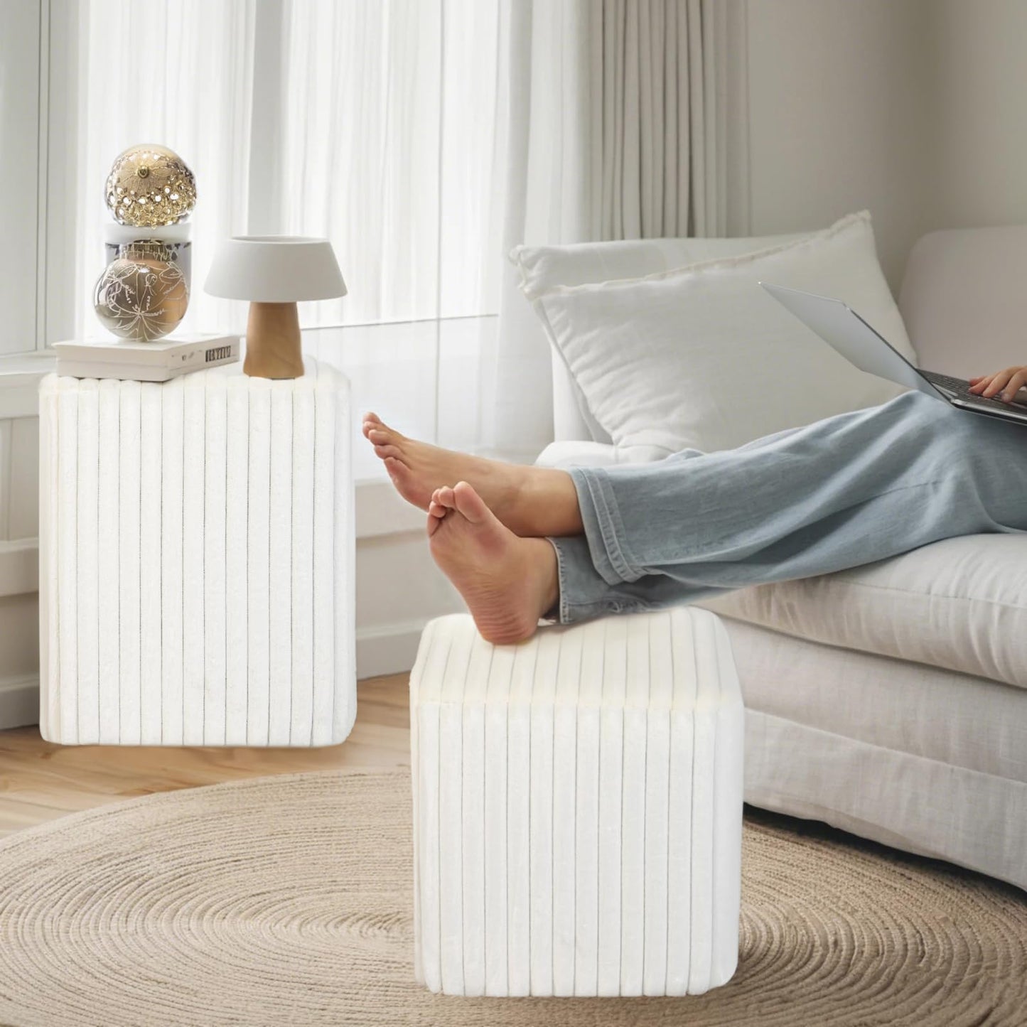 YDcosyfy Modern Square Ottoman, Vertical Channel Tufted Foot Stool Ottoman, Velvet Upholstered Vanity Stool for Makeup, Bedroom, Living Room, White