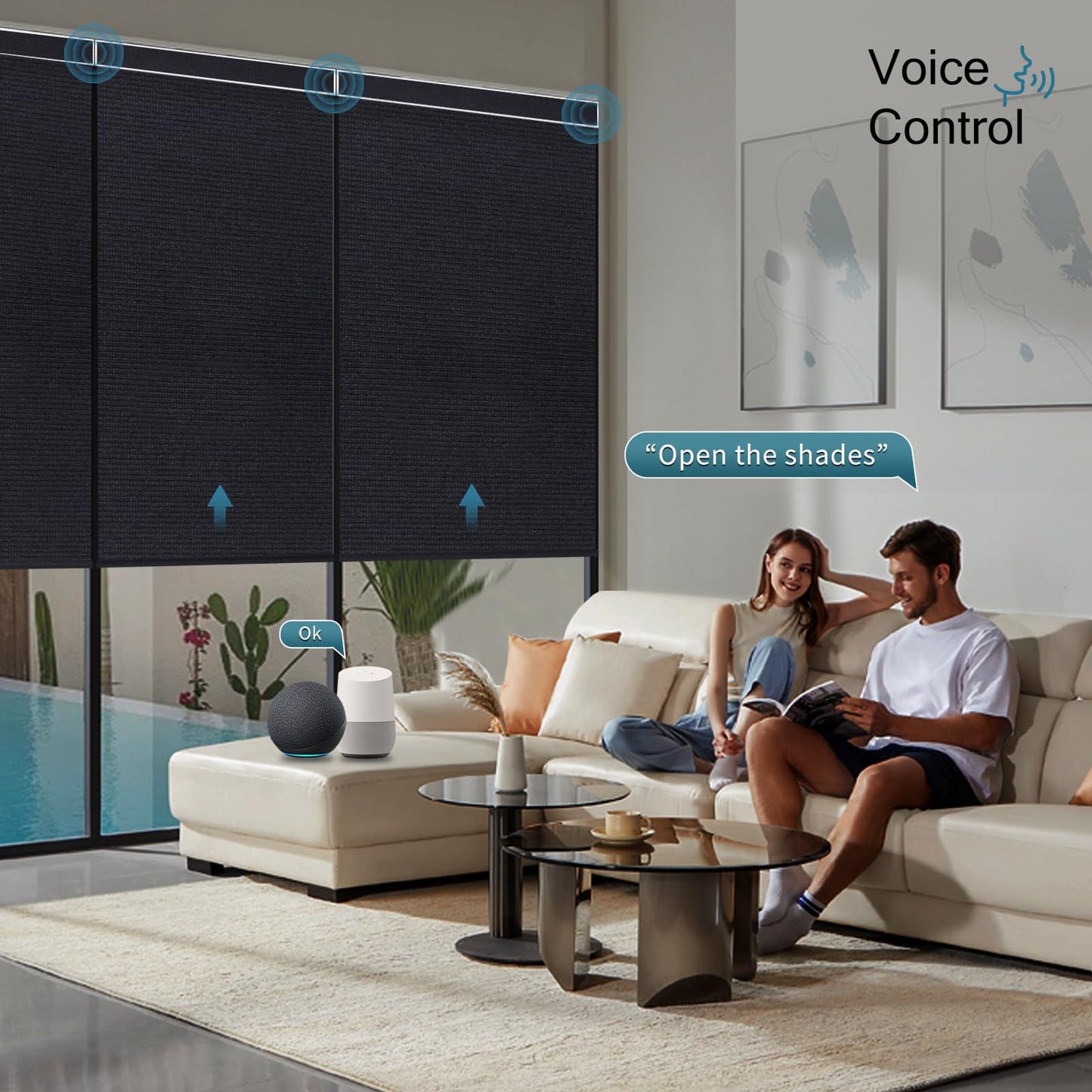 WEFFORT Motorized Roller Shade, 100% Blackout Smart Window Blinds Work with Homekit, Alexa, Google Home, Remote Control, Electric Blinds with USB/Solar Pannel,Dark Eclipse Black