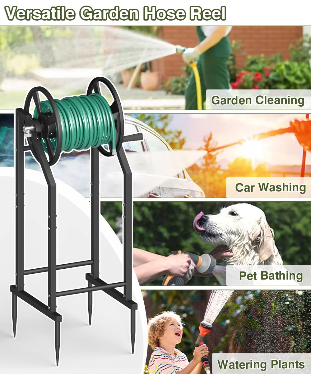 Mokeyder 4-Spike Garden Hose Reel with 3.9ft Leader Hose & Stainless Fitting, Outdoor Hose Holder holds 125ft Hose of 5/8", Freestanding Metal Hose Stand for Outside Yard Lawn, Black