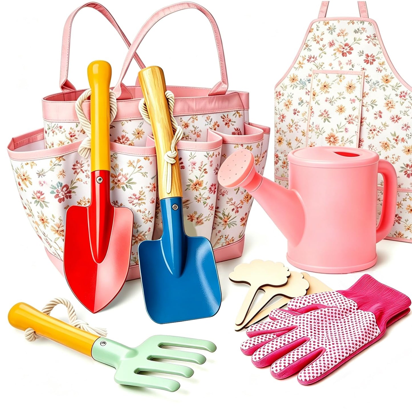 Kids Gardening Set - Gardening Tools for Kids includes Watering Can, Shovel, Rake, Gloves, Waterproof Apron and Garden Tote Bag, Children Garden Tool Outdoor Toys Gifts for Boys Girls Age 3 4 5 6 7 8