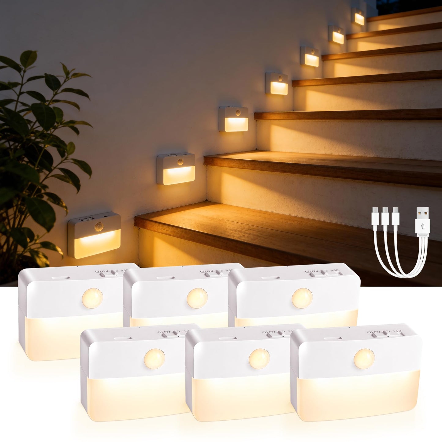 sooogd 6 Pack Rechargeable Motion Sensor Stair Lights Indoor, Automatic Activated LED Night Light Wireless Battery Powered Portable Hallway Step Toilet Closet Lamp for Bedroom Kitchen ﻿