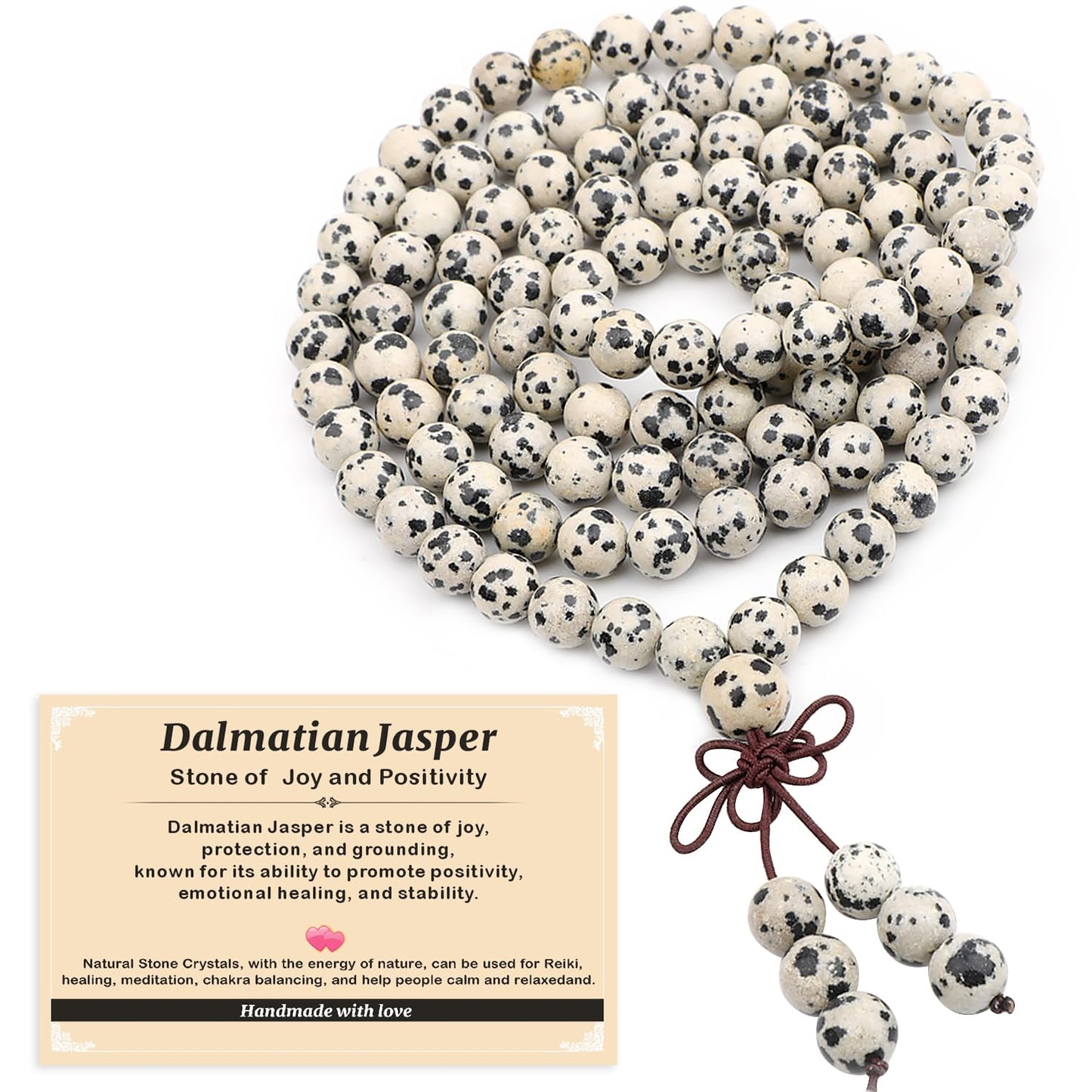 AD Beads 8mm 108 Prayer Mala Dalmatian Jasper Elastic Bracelet - Positivity - Handmade Yoga Meditation Healing Power Energy Gifts for Unisex Adult.