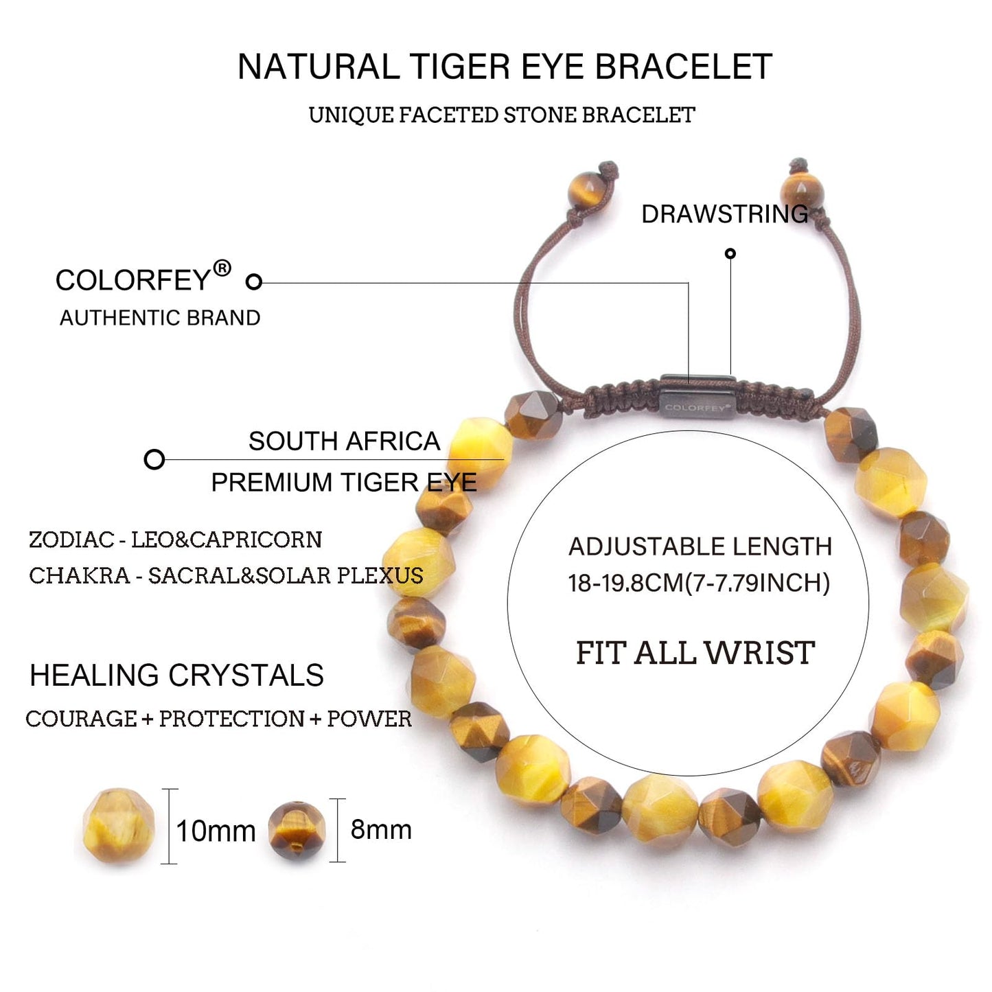 COLORFEY Tiger Eye Crystal Bracelets for Men, Protection Crystals Real Tiger Eye Beads Bracelet Healing Energy Stone Bracelet, Unique Handmade Mens Bracelets Trendy Jewelry for Boosting Courage