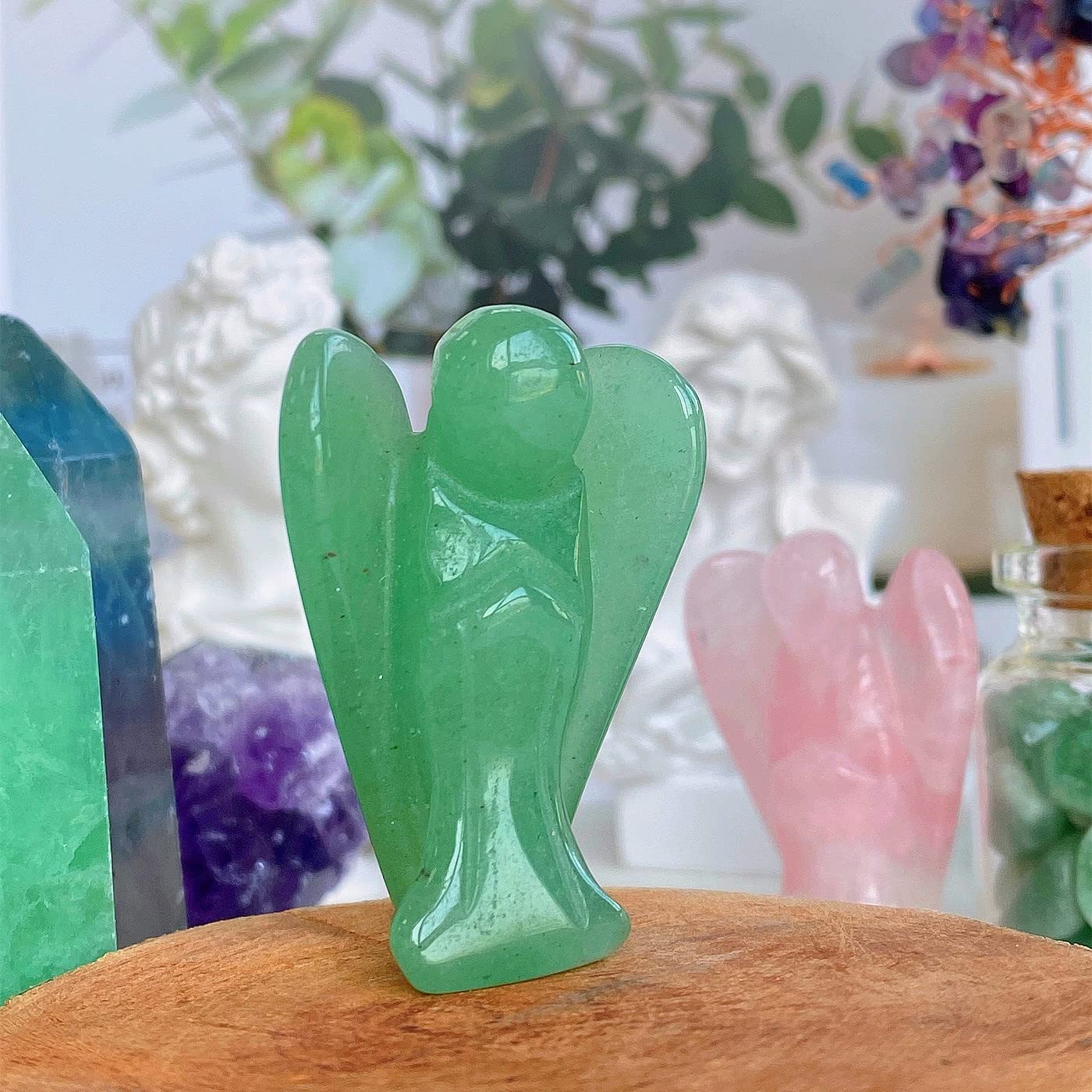 QINJIEJIE Green Aventurine Carved Pocket Guardian Angel Decor Polished Gemstone Crystal Statue Peace Angel Figurine Spiritual Gift for Meditation Protection
