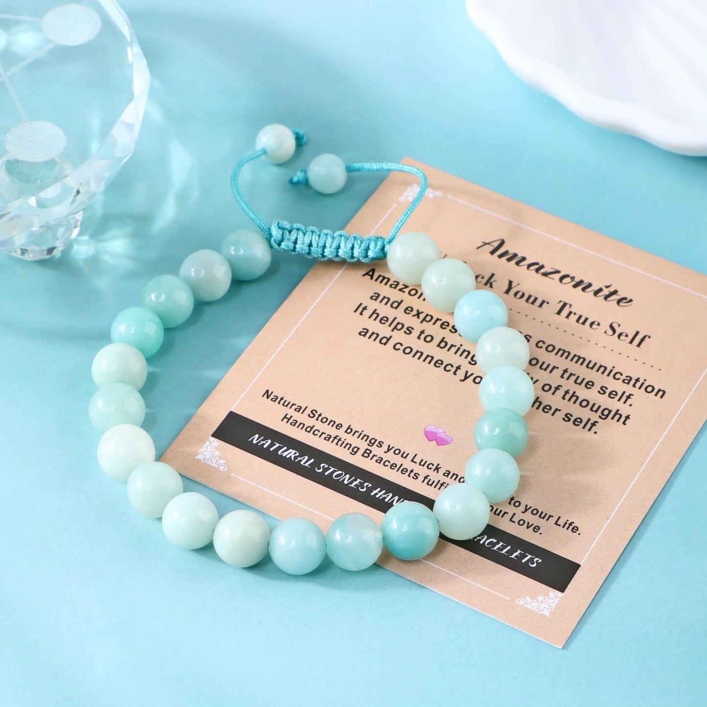 AD Beads 8mm Amazonite - Unlock Your Ture Self - Handmade Natural Stone Crystal Bracelet with Adjustable Macrame String - Yoga Healing Power Energy Gifts for Men and Women