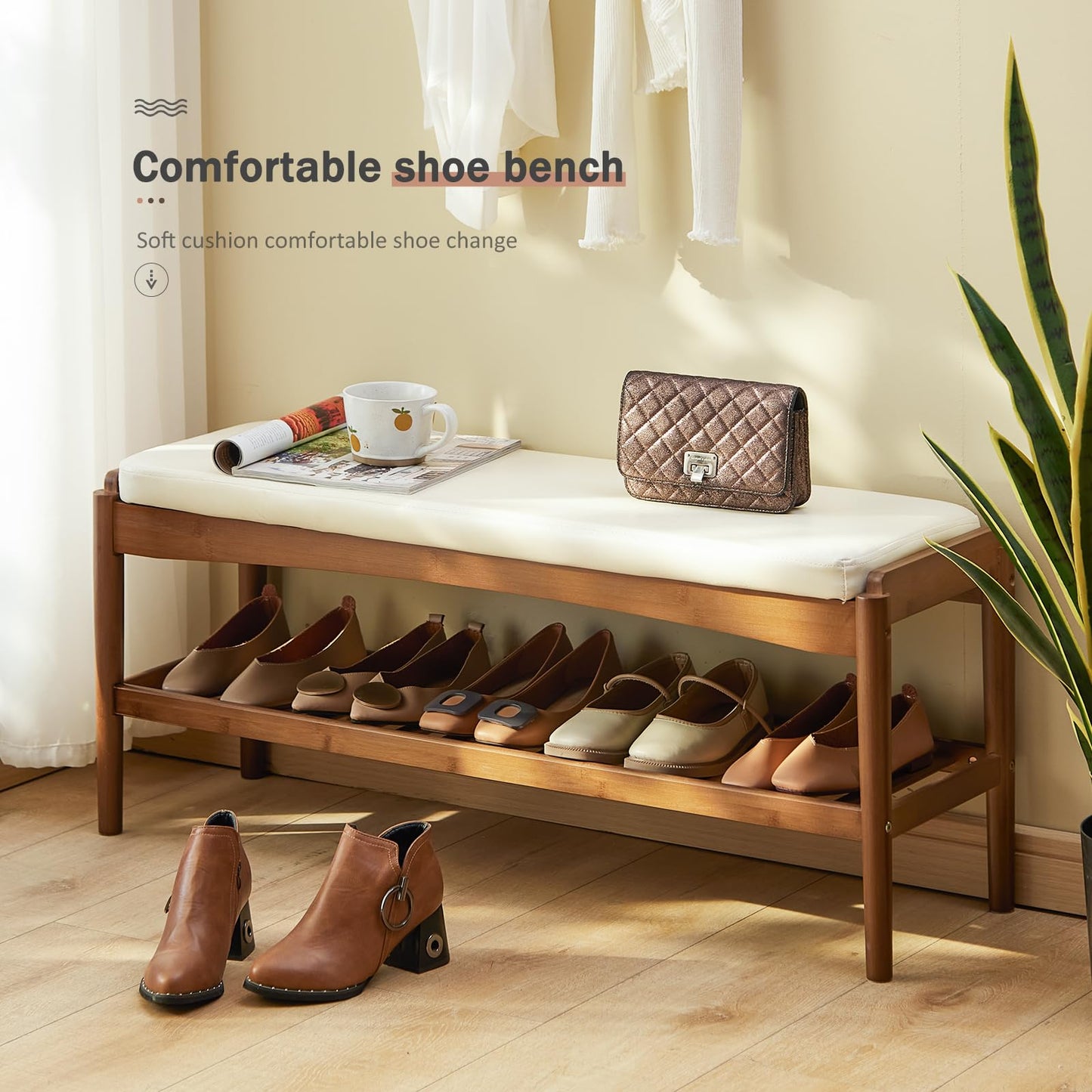STDDRE Shoe Rack Bench Entryway Bamboo Shoe Storage Bench with Leather Cushion 2 Tiers Shoe Rack Entryway Bench for Hallway, Living Room,Bedroom(Beige Bench top+Brown Frame)