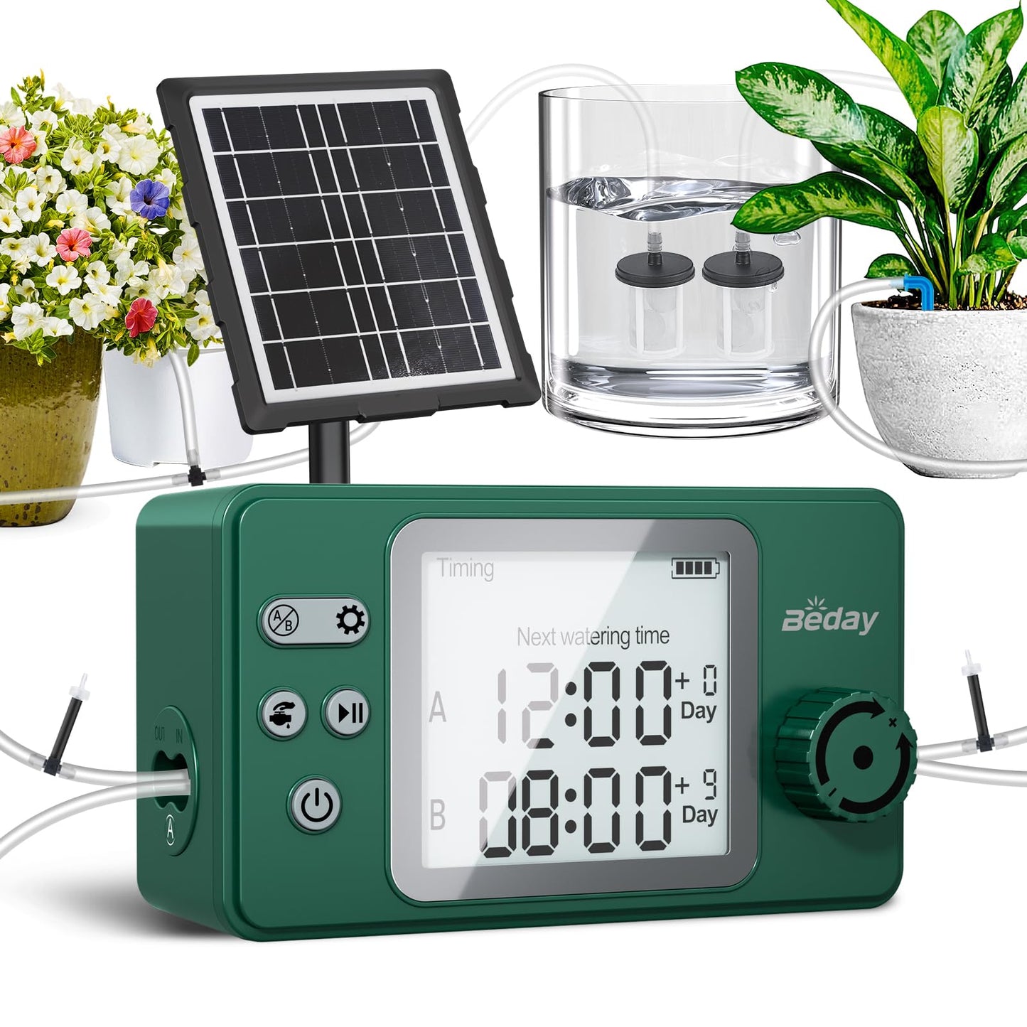 Solar Powered Dual Pump Drip Irrigation Kit for Outdoor Indoor Plants, 2-Zone Smart Self-Watering System with USB Charging, Automatic Plant Waterer for Garden Patio Balcony Vacation