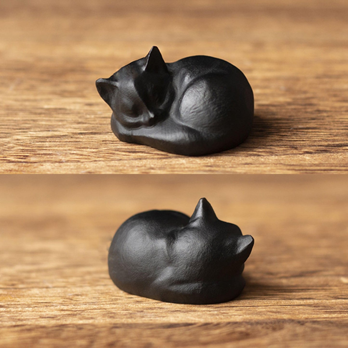 OwMell Tiny Sleeping Cat Statue Hand-Carved Healing Stone Gemstone Little Kitten Statue Figurine 2" - Black Obsidian Small