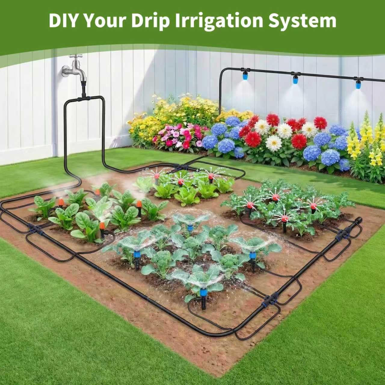 230FT Drip Irrigation System for Garden with 40 Nozzles & Emitters, Quick Connect Garden Watering System with 1/2" & 1/4" Tube, Adjustable Sprinklers Kit for Greenhouse, Lawn, Flower Beds, Raised Bed