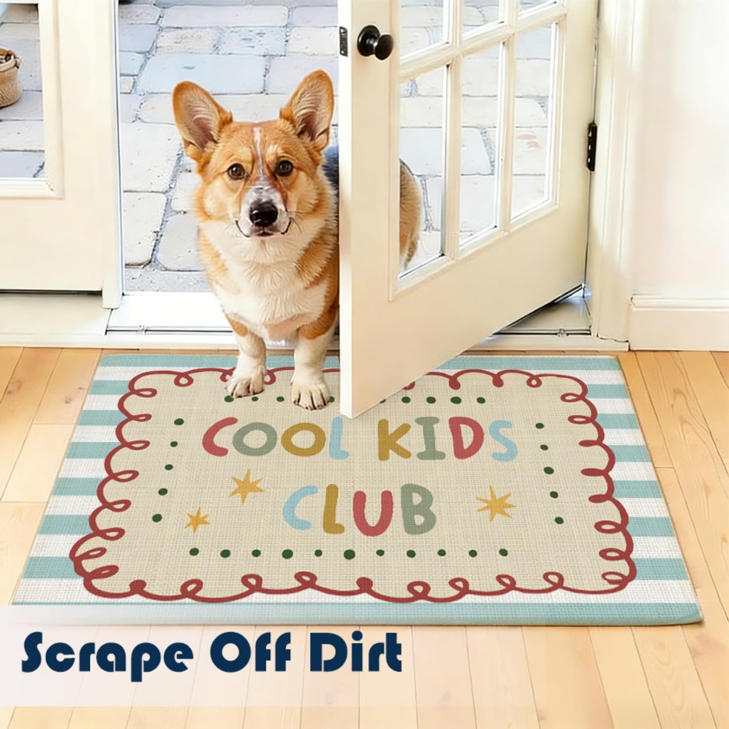 Chicimln Boho Welcome Door Mat for Kids Room Nursery Playroom, Cool Kids Club Non-Slip Linen Doormat Outdoor Indoor Entrance, Boho Striped Small Rugs for Entryway Front Door Porch, 17x30 Inch