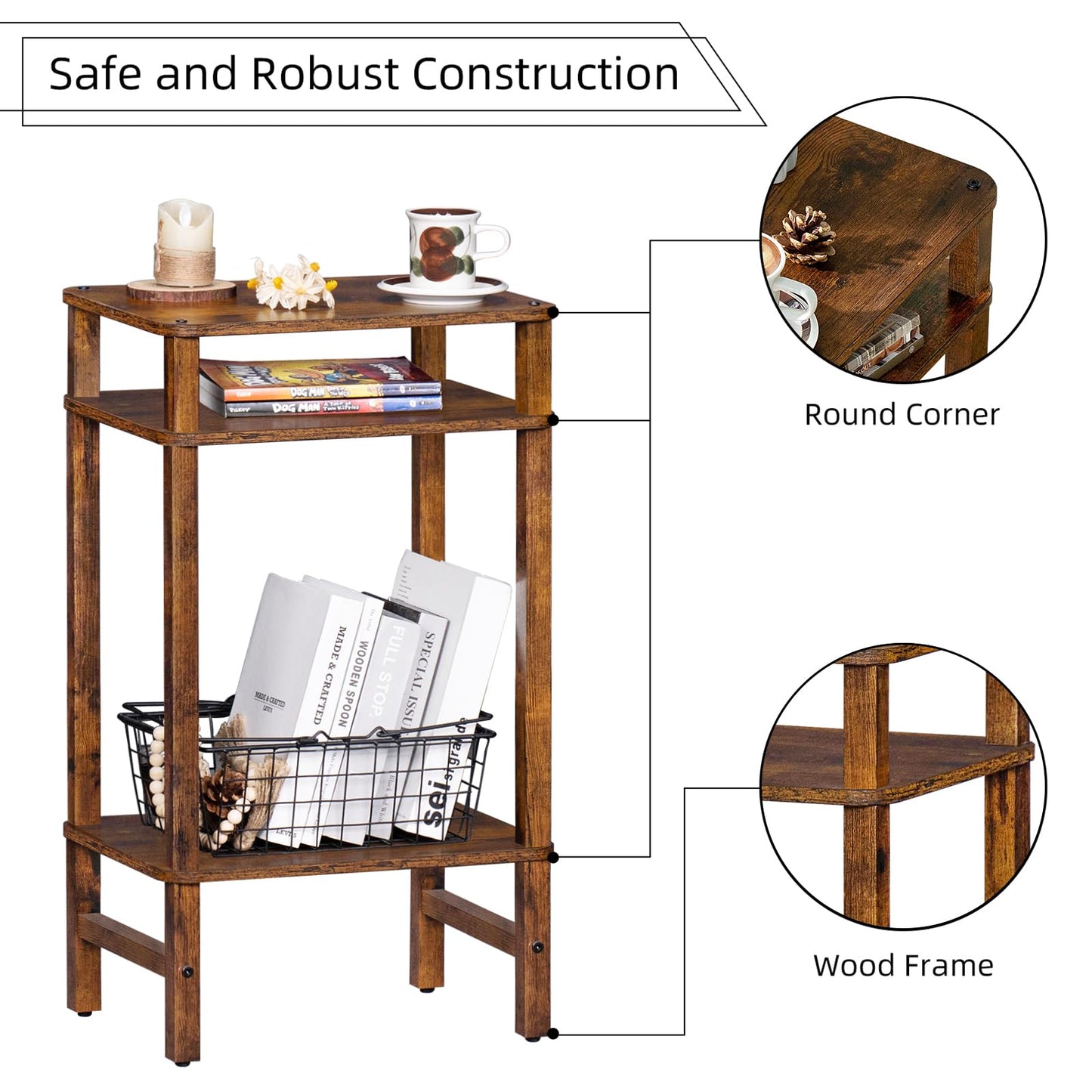YUFAM Side Table End Table Tall Night Stand 3-Tier for Living Room Bedroom Bathroom Office Furniture Brown