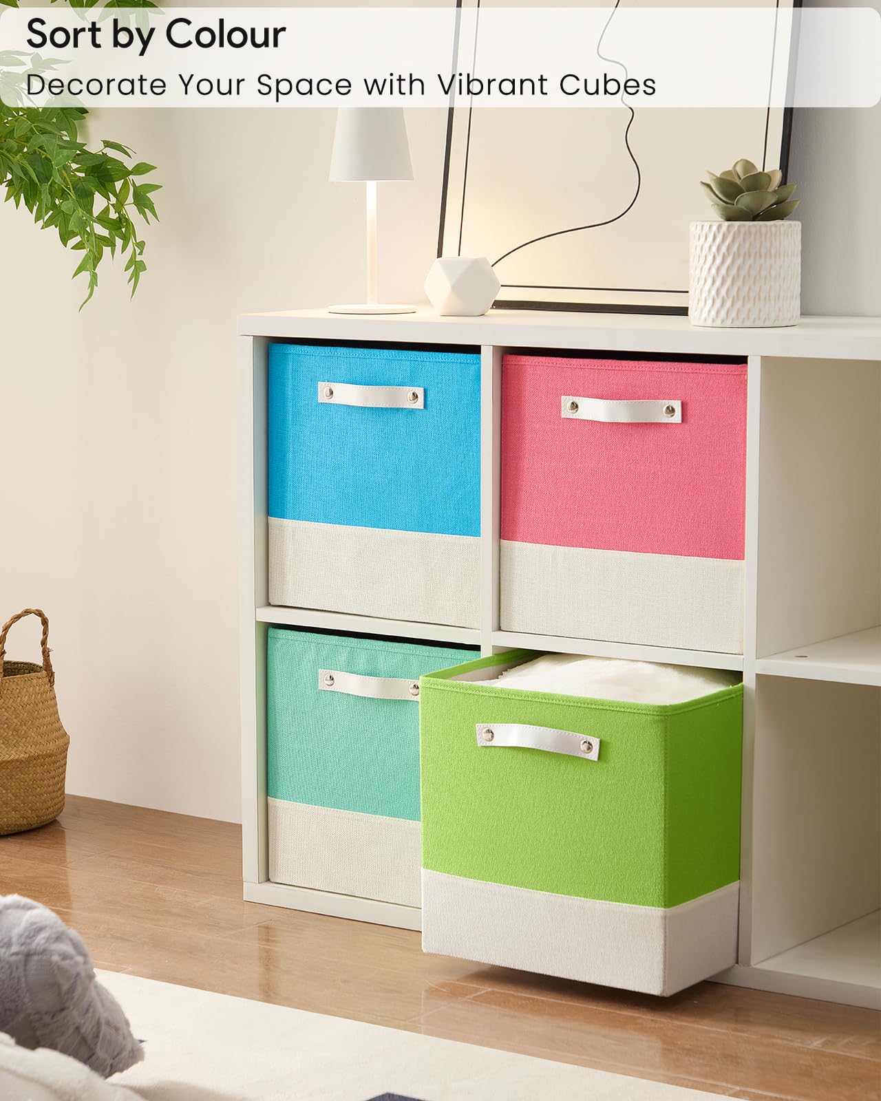 FABINADO Storage Cube Bins | 7.7 oz/yd² Fabric Cubby Organizer Baskets for Shelf, Closet, Cabinet, Wardrobe | KALLAX Shelving Unit Insert Drawer | 4 Pack, Macaron & Cream White, 13x15x13 Inch