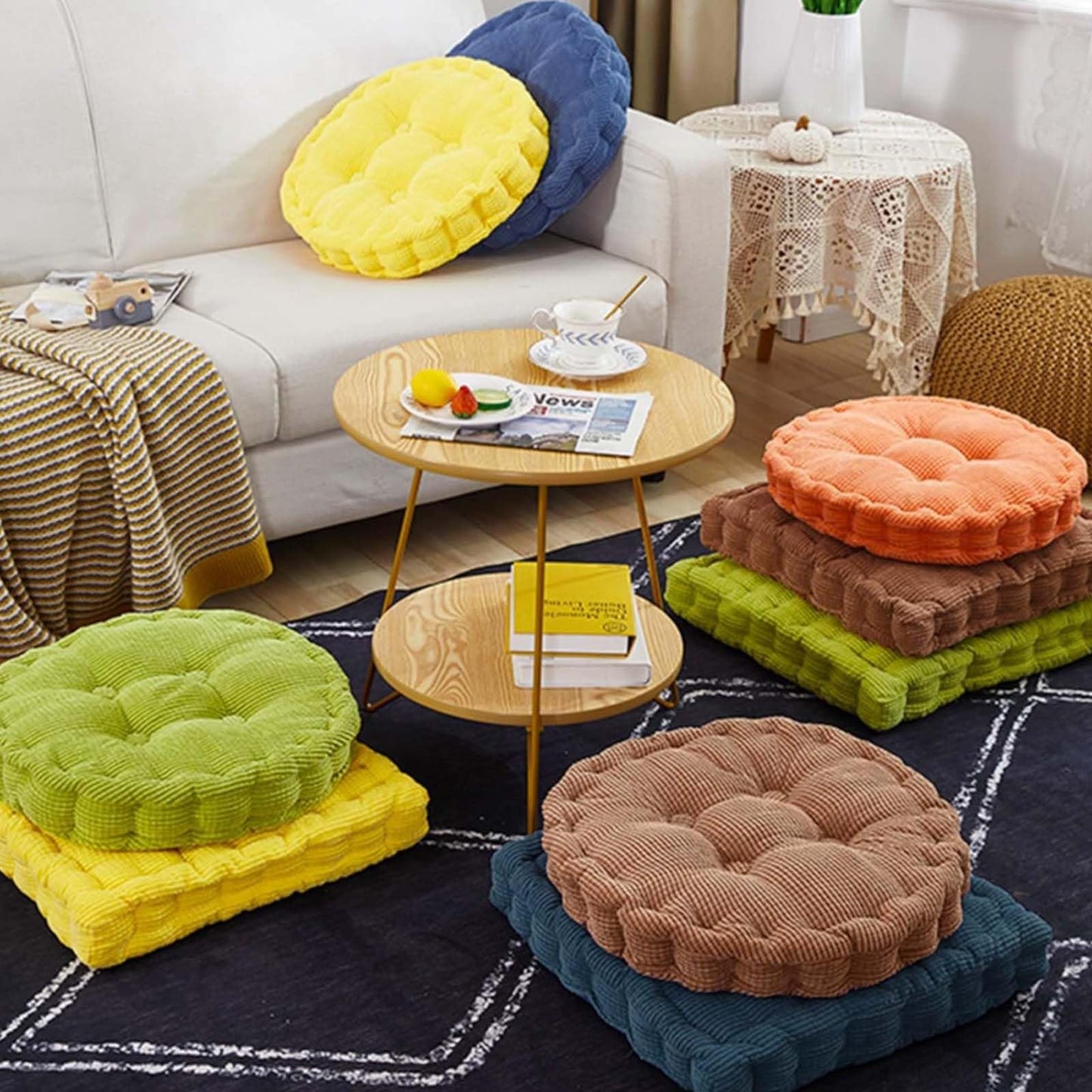 Gfobip 2 Pack Large Square and Round Floor Cushions for Adults Meditation Floor Pillow Green Corduroy Floor Seat Pillows Cushion for Living Room Balcony Tatami Yoga,18x18 Inch