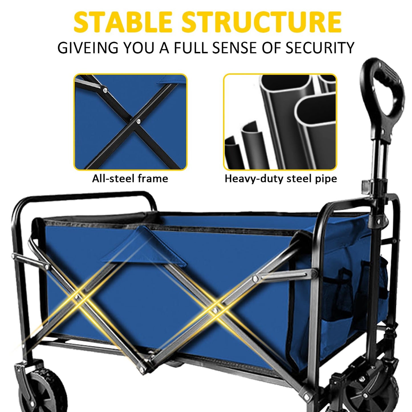 VOYSIGN Garden Cart Folding Wagon with Small Wheel, Collapsible Outdoor Wagon Cart Heavy Duty with Universal Wheels & Adjustable Handle, Utility Grocery Wagon for Camping Shopping, Sports - Navy Blue
