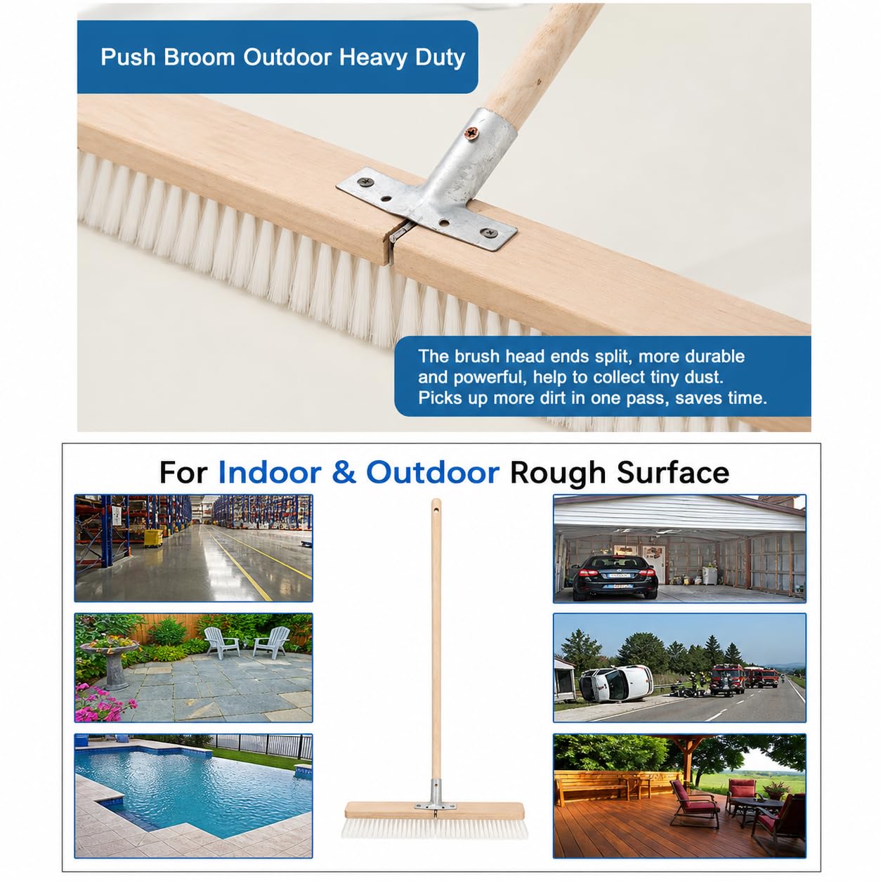 BMart Home 17.71” Heavy Duty Push Broom Outdoor, Stiff Plastic Bristles 4-Layer, 32.28” Wooden Handle, Industrial Broom for Garage Floor, Warehouse, Patio, Concrete, Deck & Sidewalk Cleaning