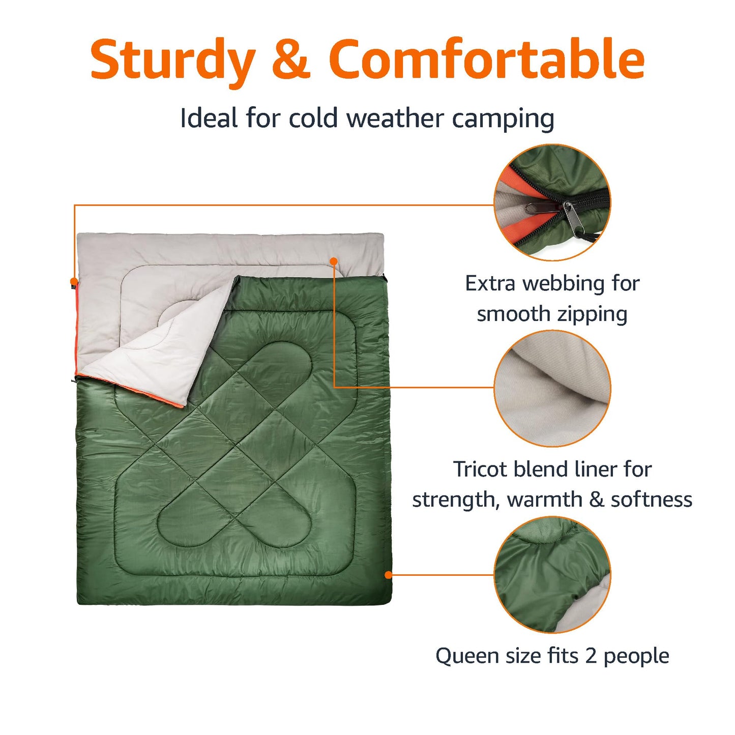 Amazon Basics 40°F Cold Weather Two-Person Sleeping Bag for Outdoor Camping, Queen Size XL, 87" x 59", Olive Green