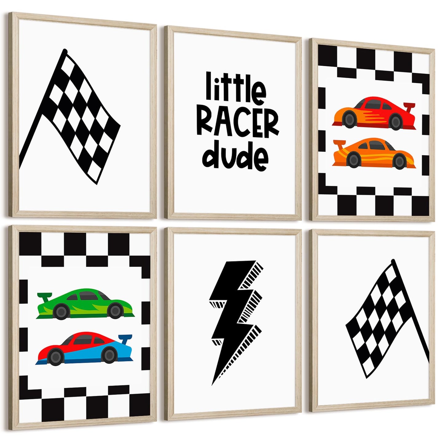 Race Car Wall Art Pictures Boys Room Wall Decor Nursery Toddler Canvas Wall Art Kids Playroom Art Prints Boys Race Car Poster Nursery Artwork Set of 6 for Bedroom 8x10 Inch Wood Framed