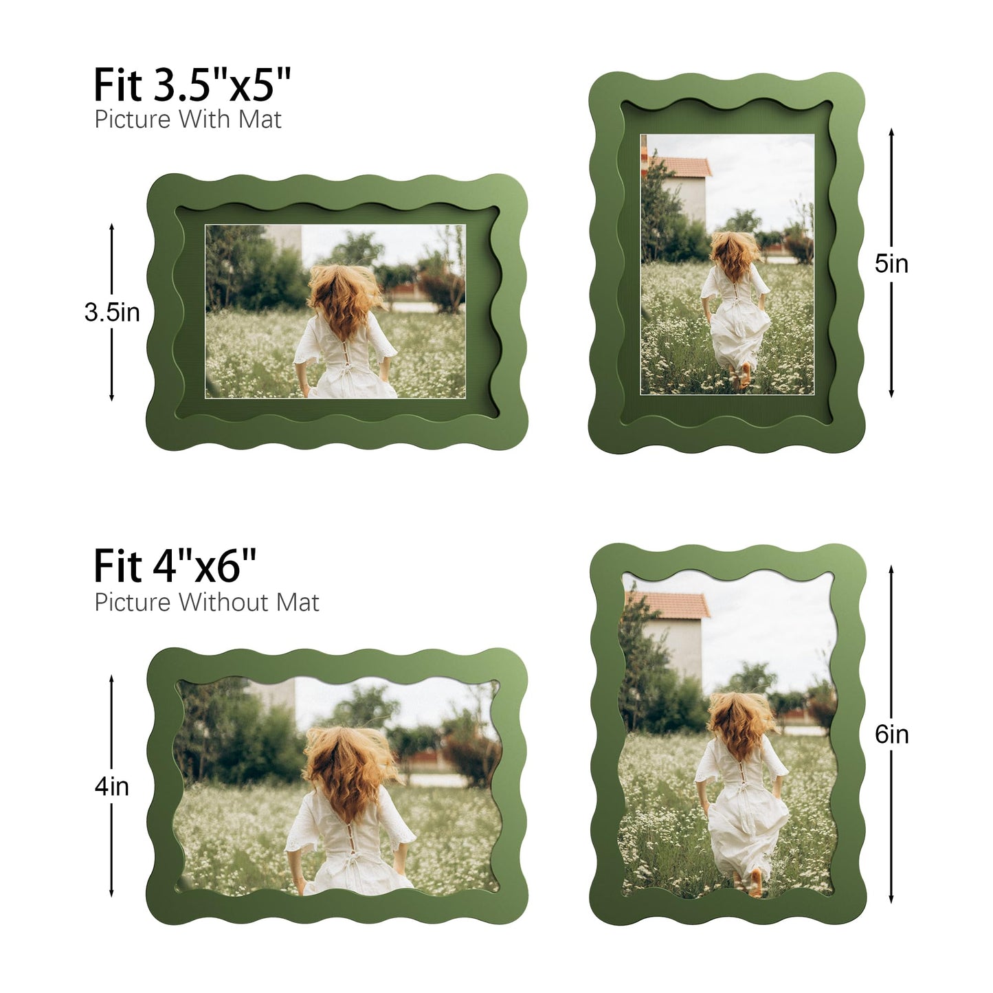 THKRLOF 4x6 Picture Frame with Mat for 3.5x5, Wavy Edge Wooden Real Glass Photo Frame for Tabletop and Wall Hanging, Green, 1 Pack