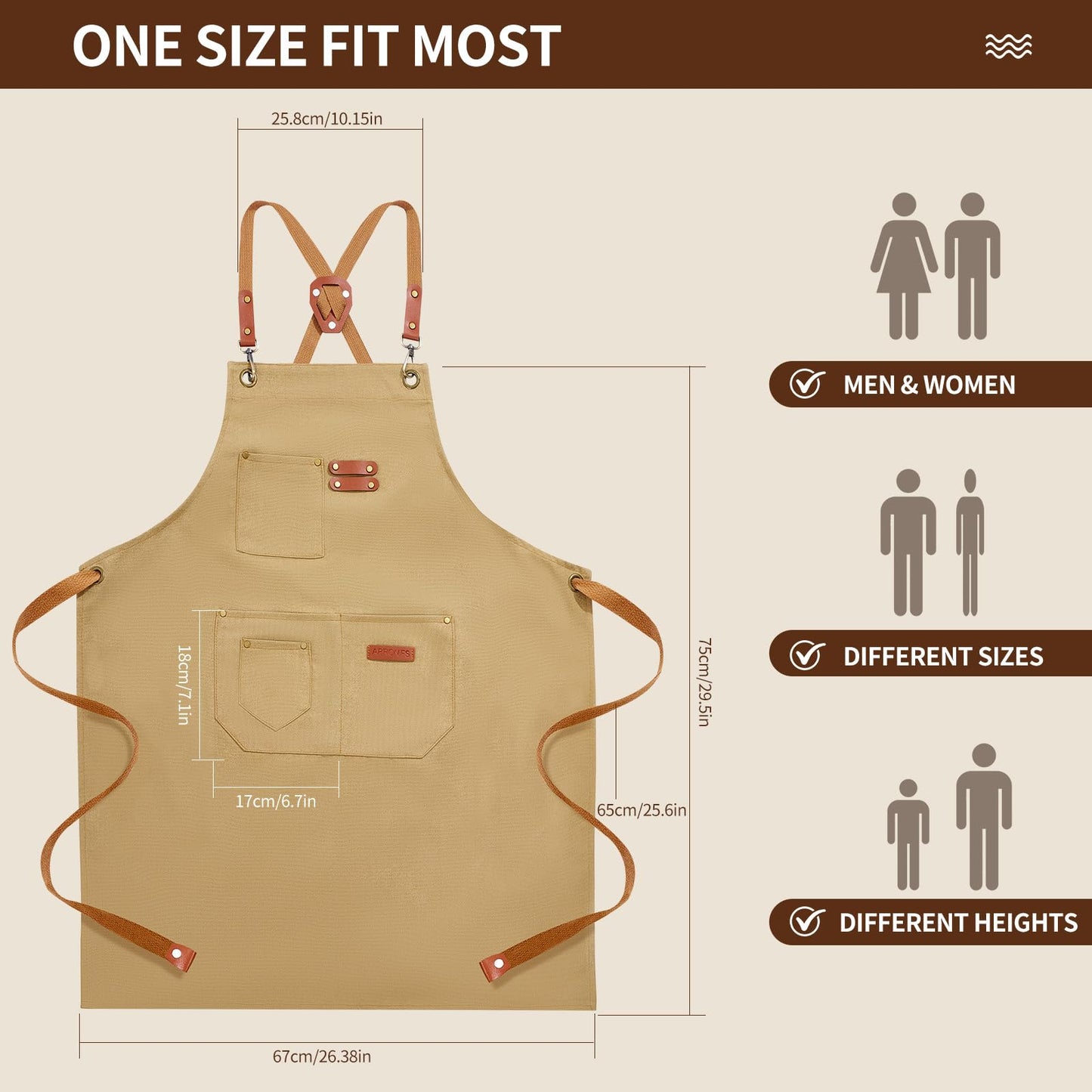 KACHUAN BEAR Chef Aprons for Men Women with 4 Large Pockets, Cotton Canvas Cross Back Adjustable Apron for Work grilling kitchen gardening (brown)