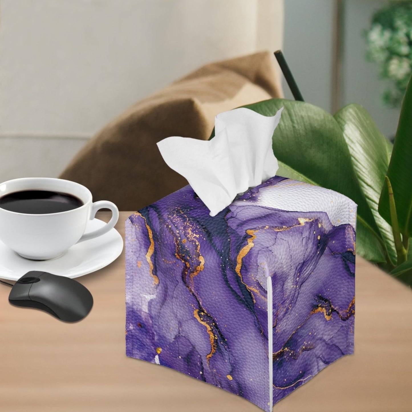 ZFRXIGN Purple Marble Print Tissue Box Cover for Kids Adults Leather Square Tissue Box Holder Case Facial Paper Organizer Dispenser for Bathrobe Bedroom Night Stand Office Vanity