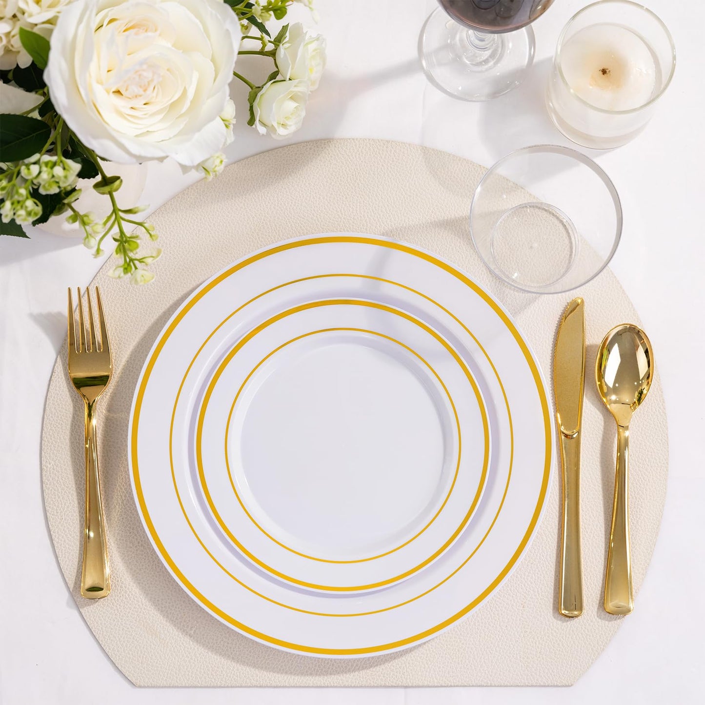 WELLIFE 600 PCS Gold & White Disposable Dinnerware Set for 100 Guests — White Plastic Plates with Gold Rim, Dinner & Salad Plates, Cups, Forks, Knives & Spoons for Weddings & Elegant Events