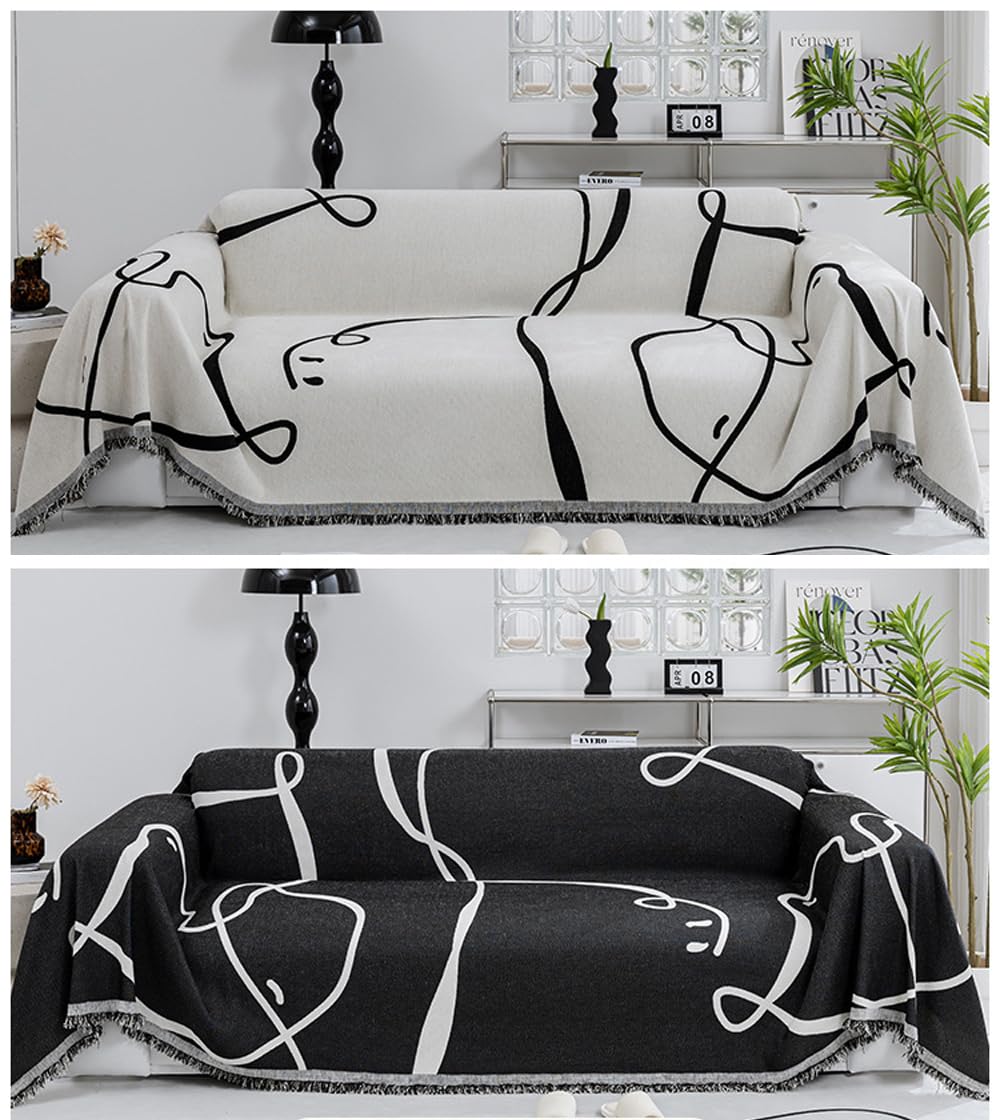 ERICSF Black and White Double-Sided can Cover Chenille Sofa Towel Full Covers Cloth Four Seasons Universal Models Straight Row a Piece of Non-Slip Sets Cover (71 * 118 inch)