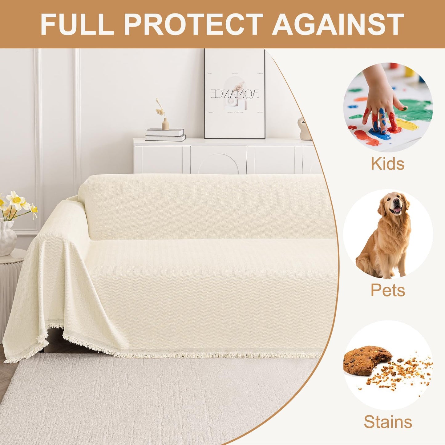 Smiry Couch Cover for Dogs, Washable Chenille Sofa Covers for 3 Cushion Couch, Soft Sofa Slipcover for Pets, Thick Sectional Furniture Protector with Tassels (Beige, 71x118 Inch)