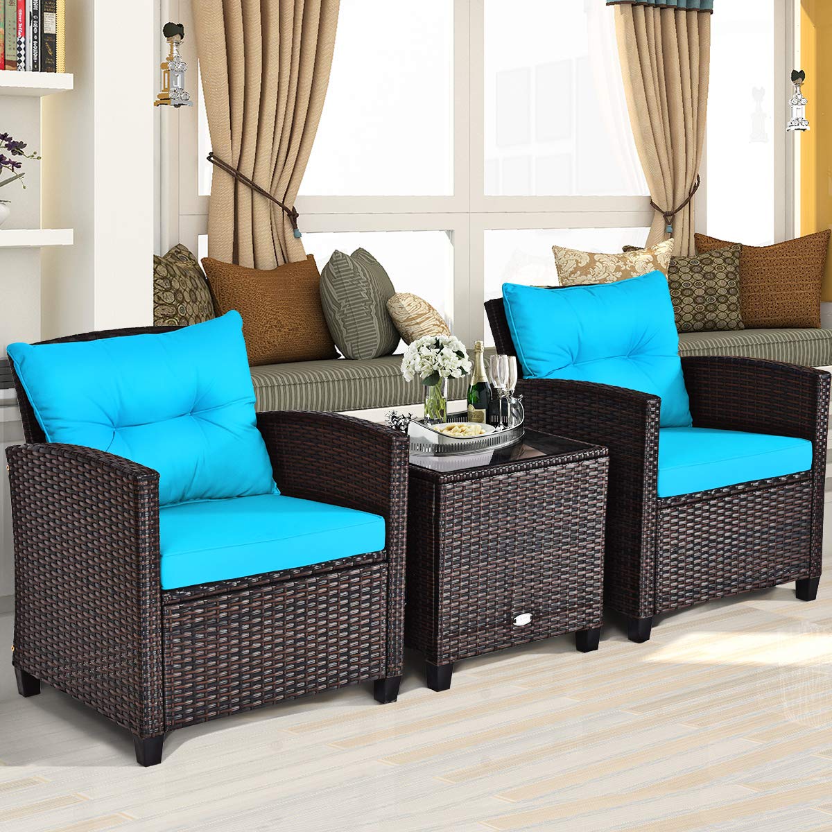 COSTWAY 3PCS Patio Furniture Set, PE Rattan Wicker Sofa w/Washable Cushion and Coffee Table, Tempered Glass Tabletop, Outdoor Conversation Set for Balcony, Porch, Yard, Backyard, Lawn, Turquoise
