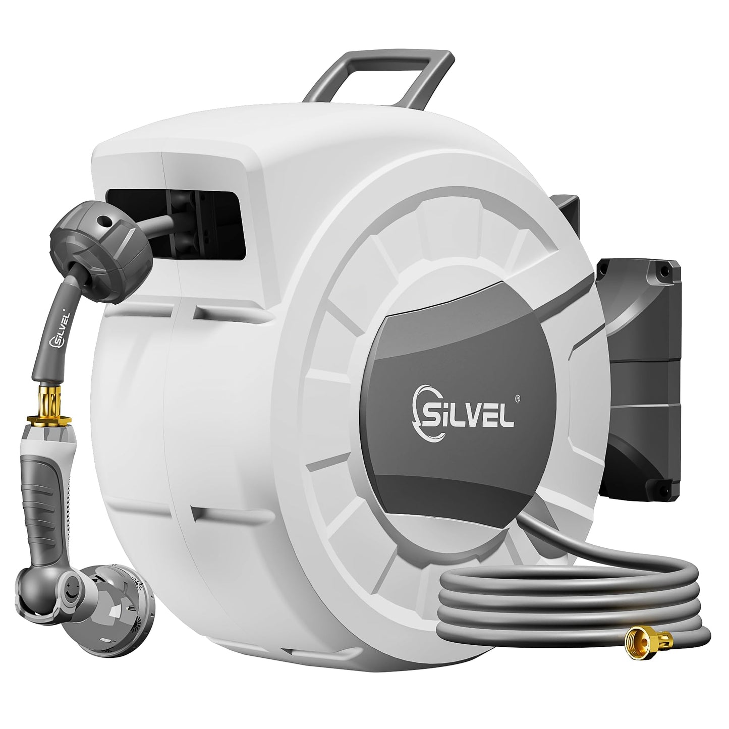 SILVEL Retractable Garden Hose Reel, 1/2 in x 110ft Wall Mount Heavy Duty Automatic Hose Reel with 10 Pattern Nozzle, Any Length Lock & Slow Return System, 180°Swivel Bracket Upgraded UV Resistant