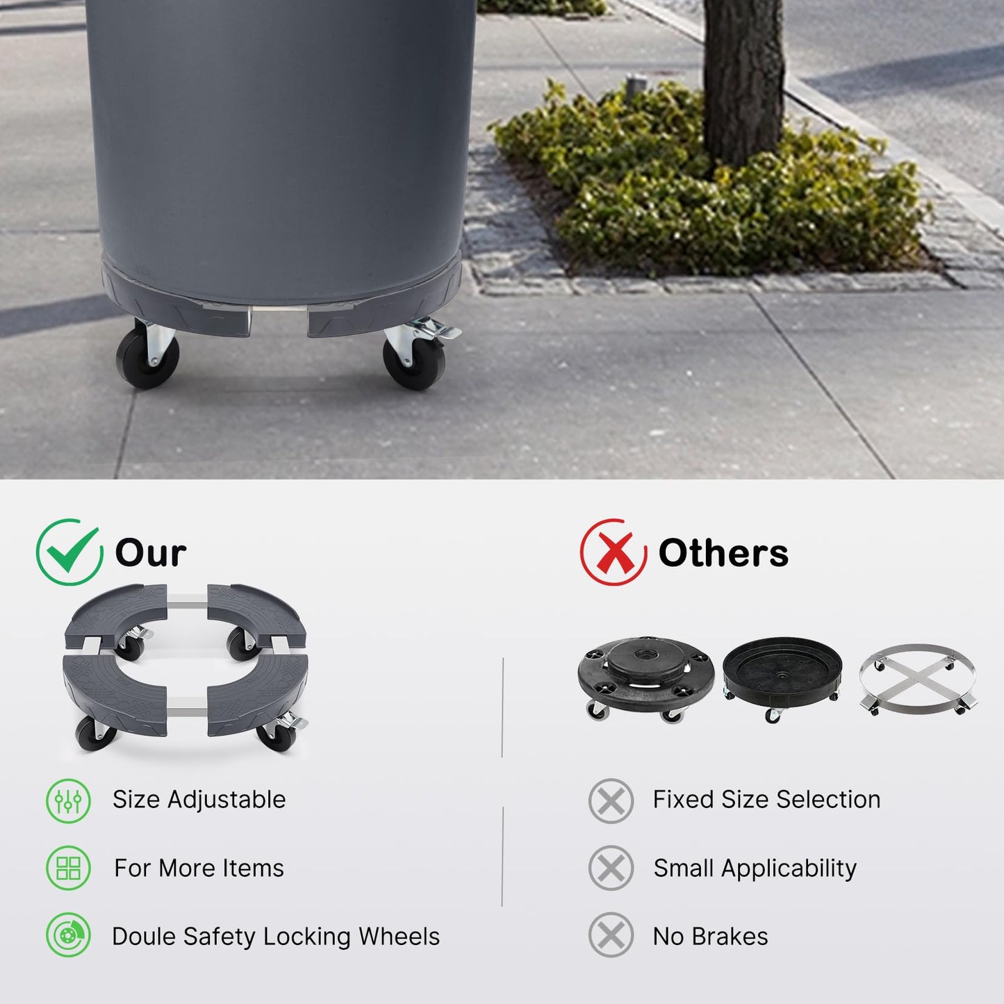 Nefish Upgraded 15-19 Inch Trash Can Dolly Wheels, Adjustable Round Barrel Dollies Wheels, Heavy Duty Drum Dollies 480lbs Tire Dollys, Multi Functional Garbage Can Dollyes Cart Trash Cans Roller Base