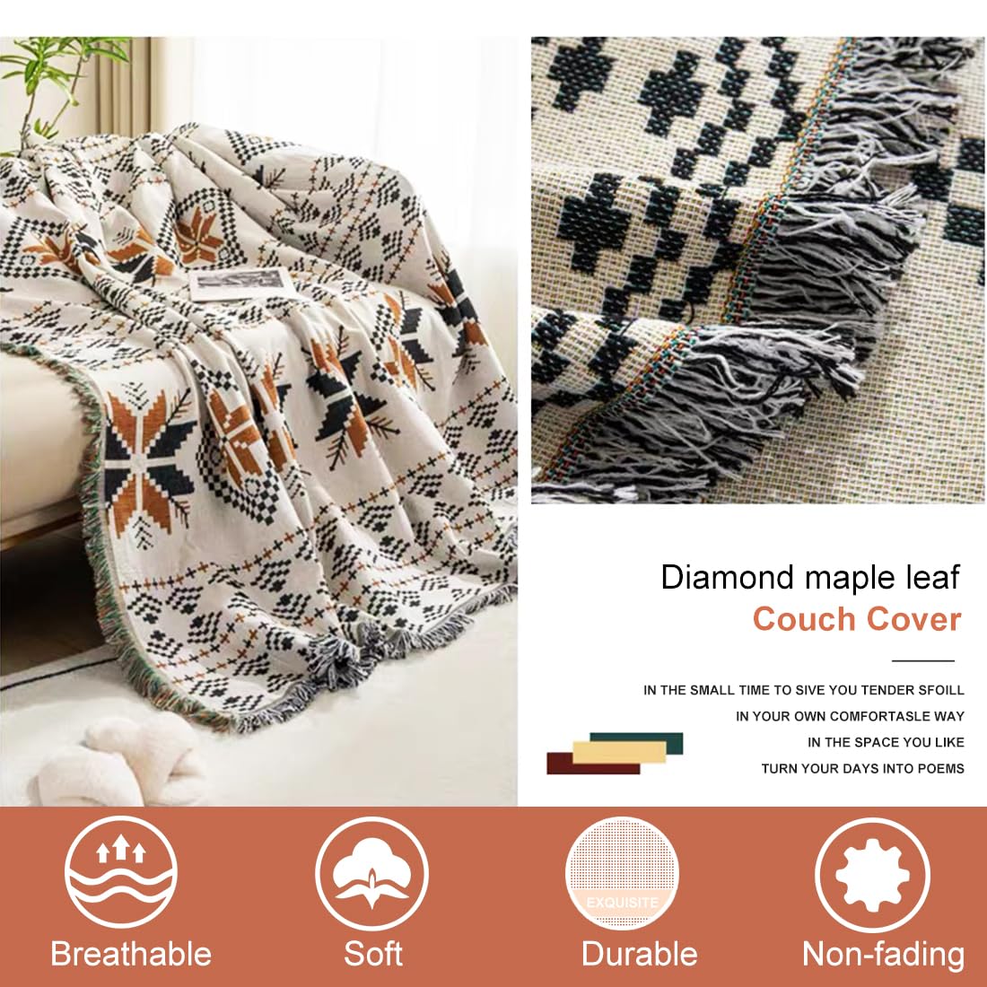 VOPHIA Couch Cover Blanket Boho Sofa Covers Reversible Two-Sided Woven Sofa Slipcovers for Christmas-Washable Thick Soft Throws Cover Blankets for Living Room Home Decor (Maple Leaf, Medium)