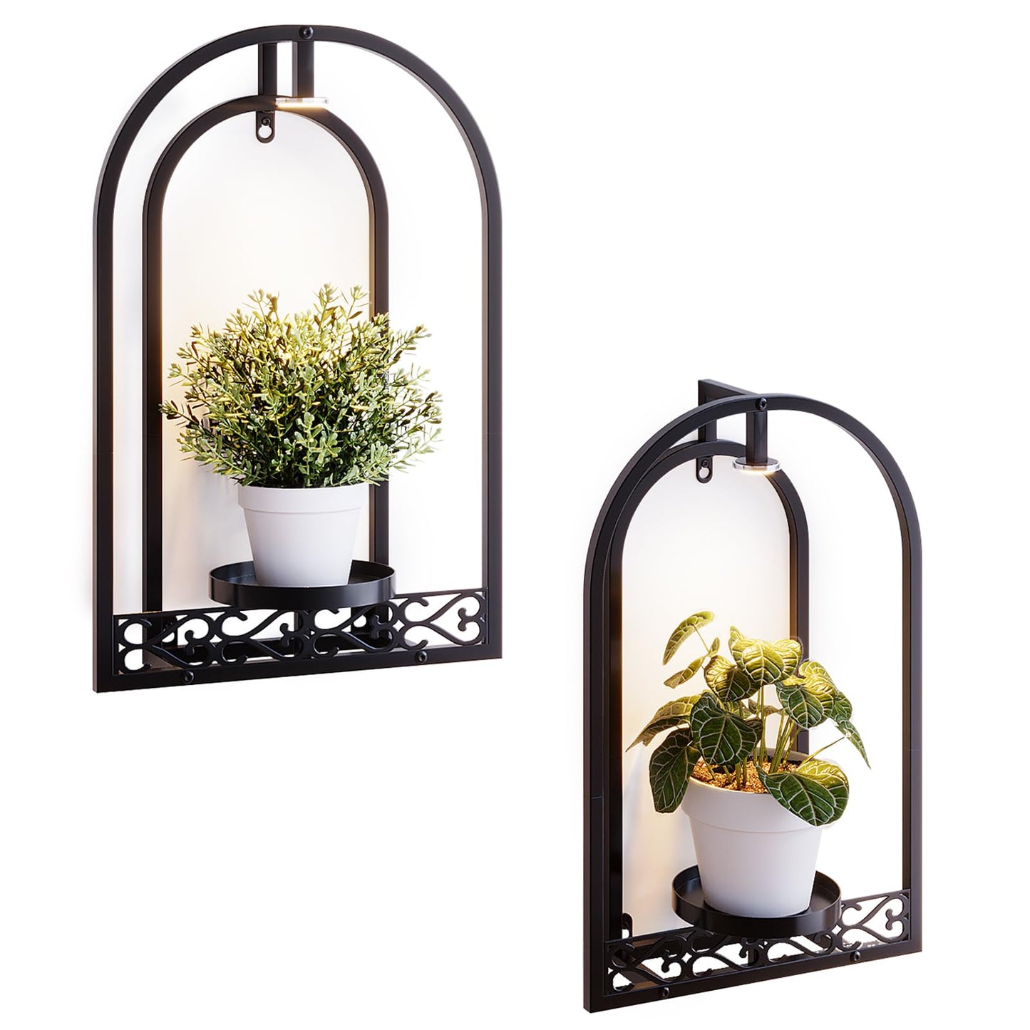 Rioneta Wall Planter Holder with Light, Metal Arch Frame Hanging Plant Stand with Grow Lights, Modern Black Iron Wall Decor for Indoor Outdoor Living Room, Balcony & Garden 2 Pack Black