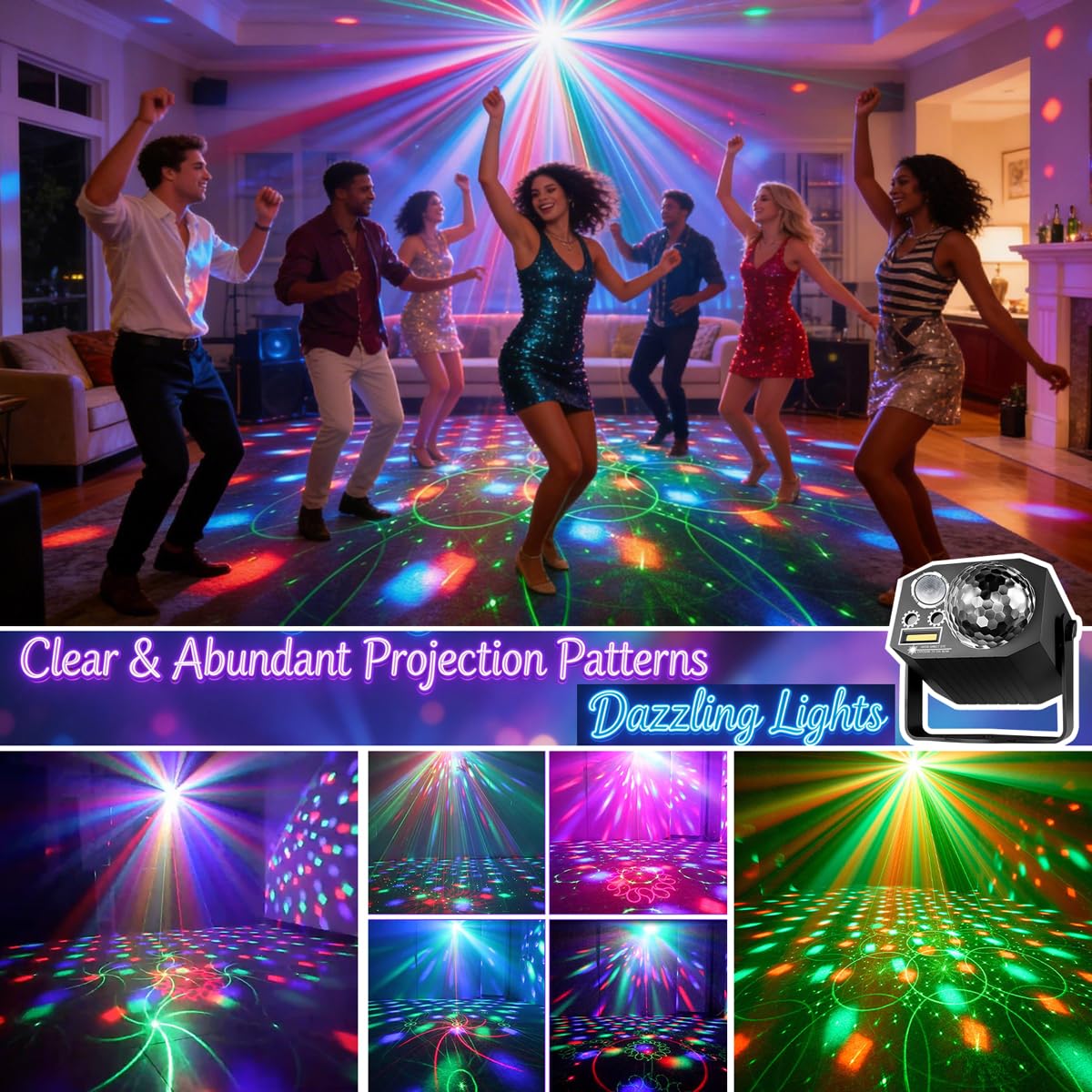 Dj Party Disco Ball Lights with Pattern and Sound Activated,10 ft USB Cable, Laucnpty LED Stage Strobe Light that Sync with Music, Christmas Rave/Home Karaoke/Dance/Club Bar Lights for Parties