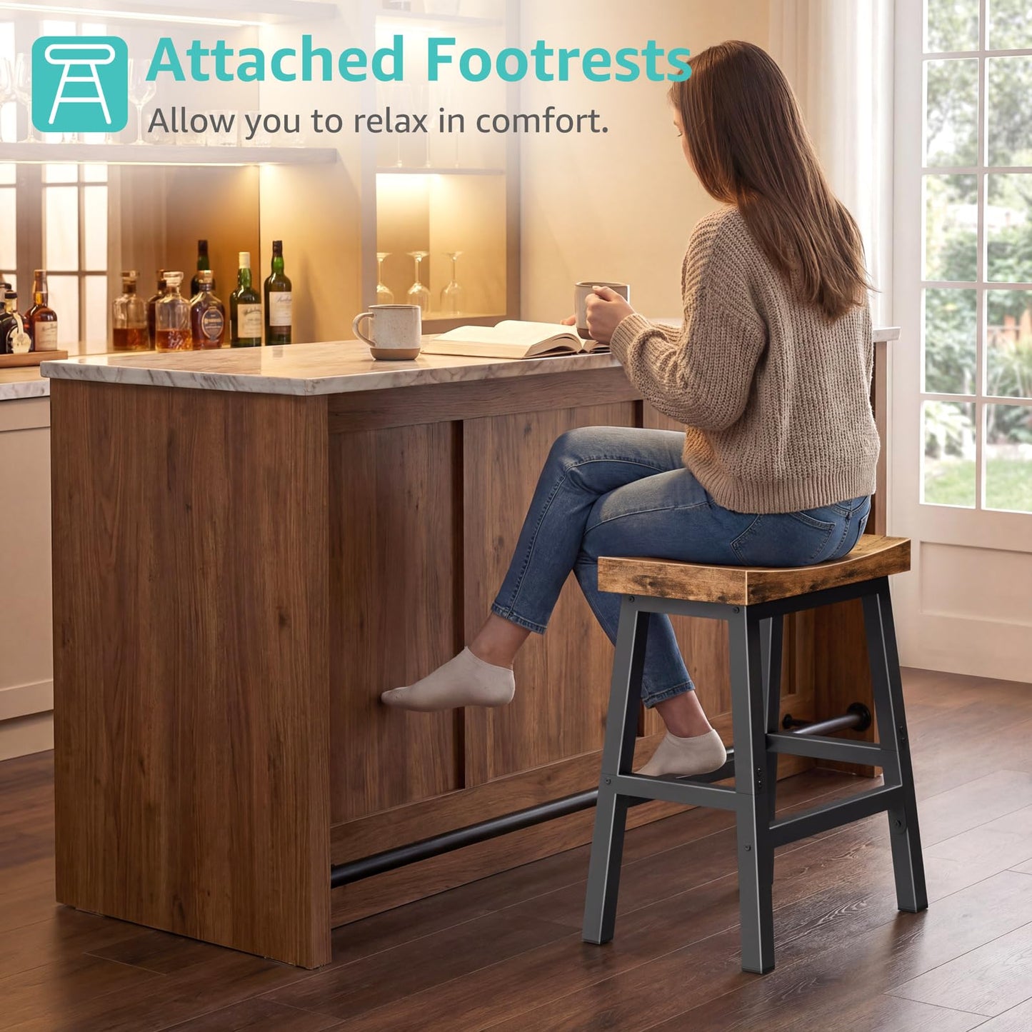 WINAZ Rustic Bar Stools, 24 Inch Barstools, Counter Height Stools with Footrest, Wooden Stool for Kitchen Island, Heavy Duty Backless Chair for Dining Table Farmhouse Outdoor 1 PC