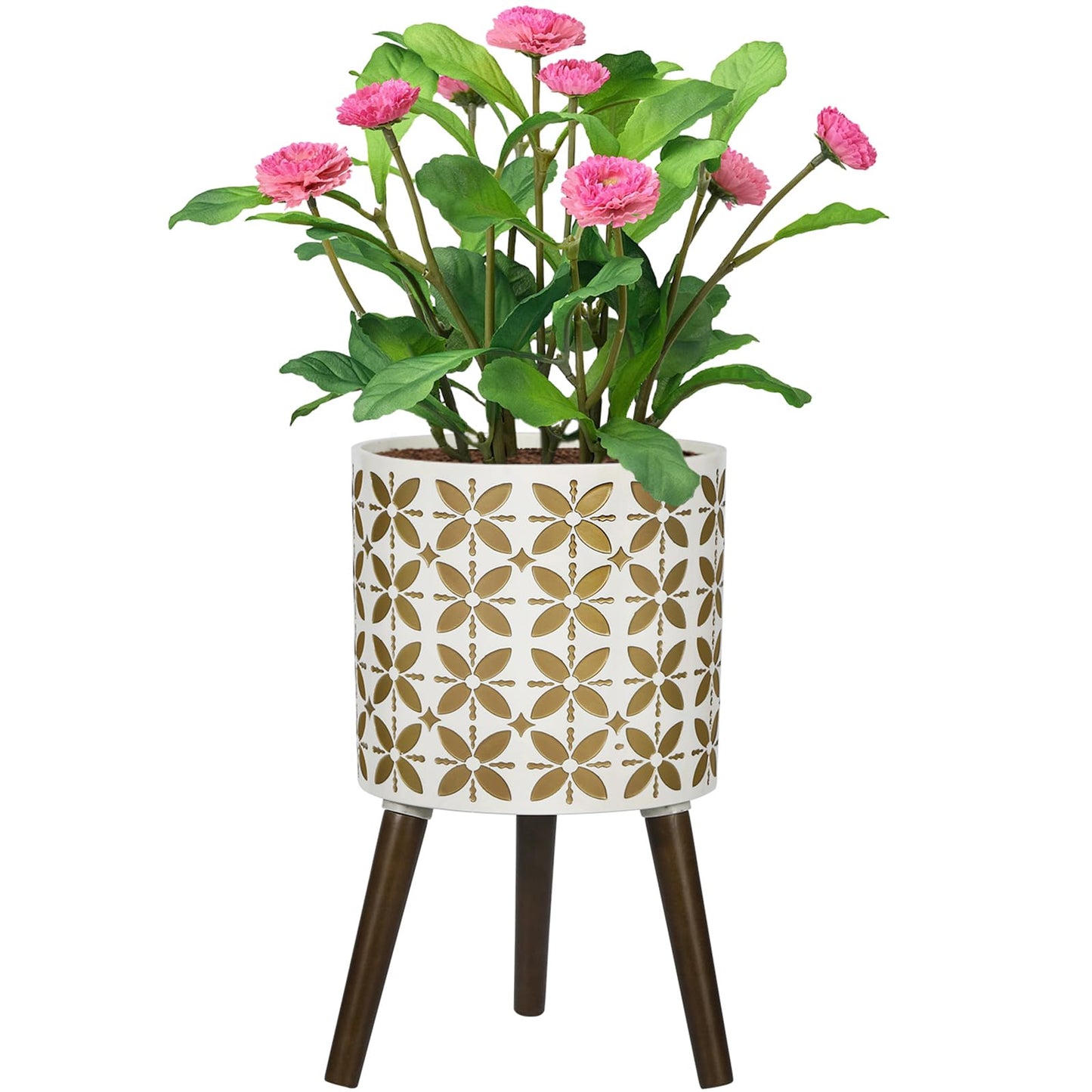 nacltlo12 Inch Planter with Stand, Plant Stand Indoor, Plant pots, Modern Mid-Century,Large Flower Planter Pot with Drainage Holes for Outdoor,White and xGold
