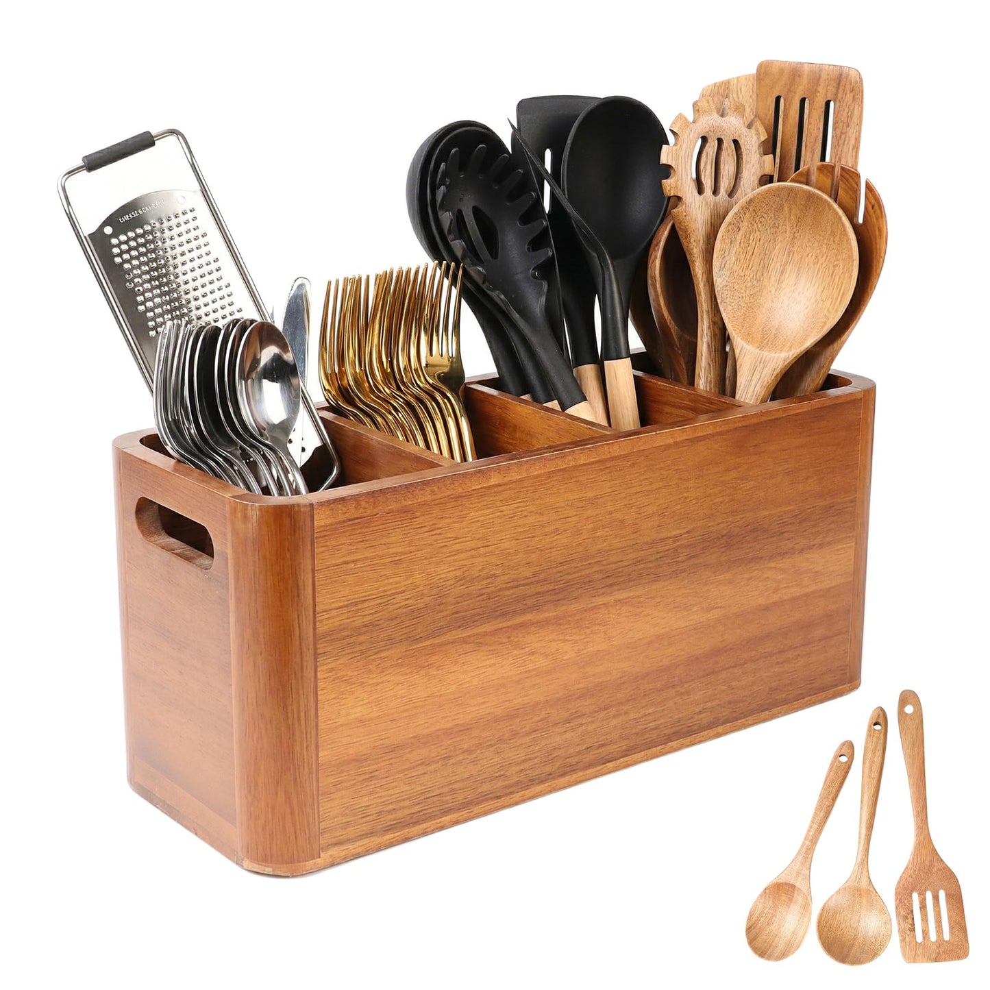 powerful xishan Kitchen Utensil Holder for Countertop, Extra Large Acacia Wood Utensil Organizer, 4-Compartment Storage for Cooking Utensils, Silverware and Cutlery