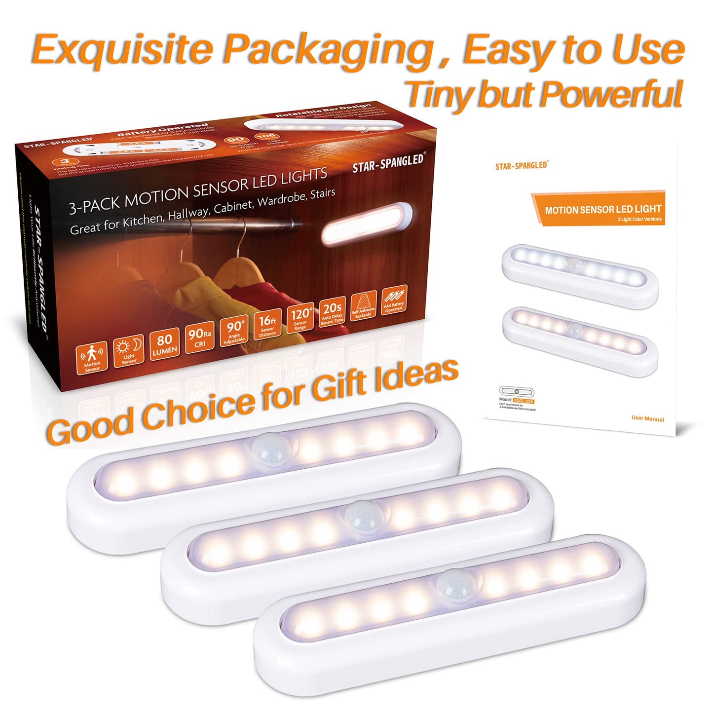STAR-SPANGLED 3 Pack 7” Motion Sensor Lights Indoor Battery Operated, Stick on LED Light for Closet, Stairs, Under Cabinet, Warm White