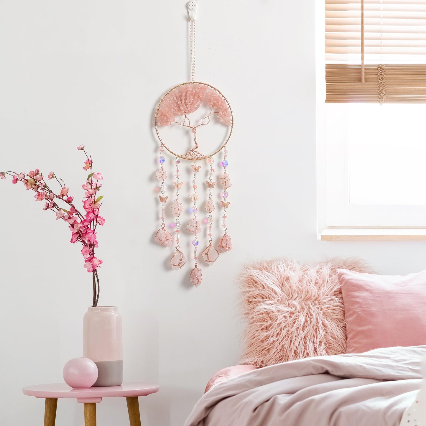 Pink Dream Catchers Crystal Tree of Life Dreamcatcher with Rose Quartz Butterfly Crystal Suncatcher for Windows Hangings Prism Decor Wall Bedroom Decoration Gifts for Boys Adults