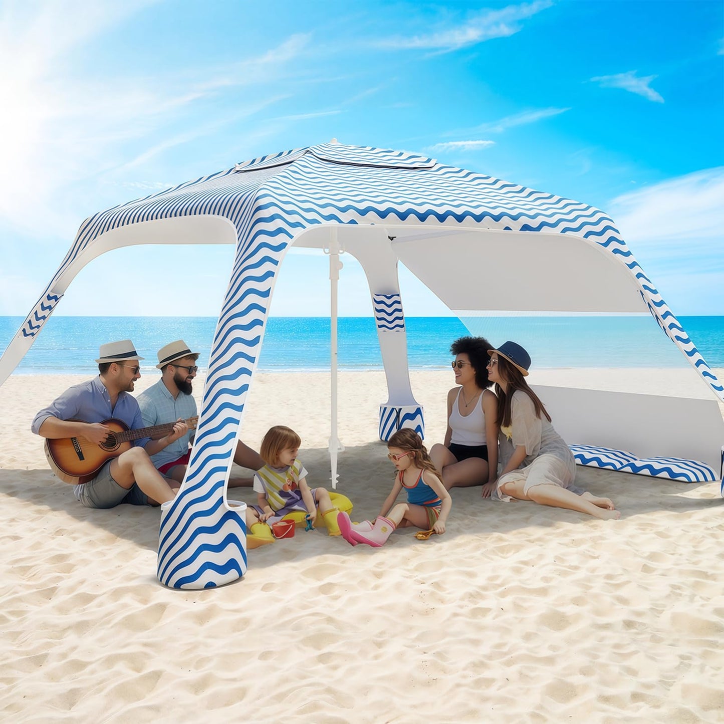 Beach Cabana with 4-Corner, UPF50+ Beach Canopy, Adjustable Height Beach Tent Sun Shelter, Sun Umbrella with Removable Side Wall, Shade Sun Shelter for Beach, Garden, Camping (Wave Pattern)