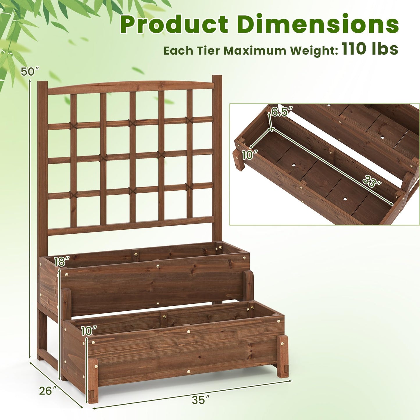 Giantex 2 Pcs Raised Garden Bed with Legs and Trellis, 2-Tier Standing Planter Box with Drain Holes, Outdoor Elevated Garden Trellis for Vine Climbing, Flower Vegetable Fruit Herb Growing