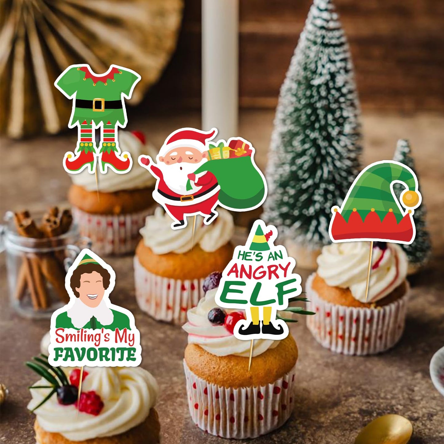 24 Pcs Christmas Cupcake Toppers Christmas Cake Decorations Buddy The Elf Decorations Elf Party Decorations
